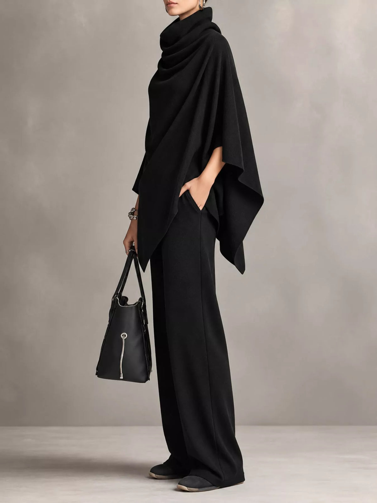 Turtleneck Poncho & Wide-Leg Pants Set in Black by Belle Bijouix – view 15 of 24