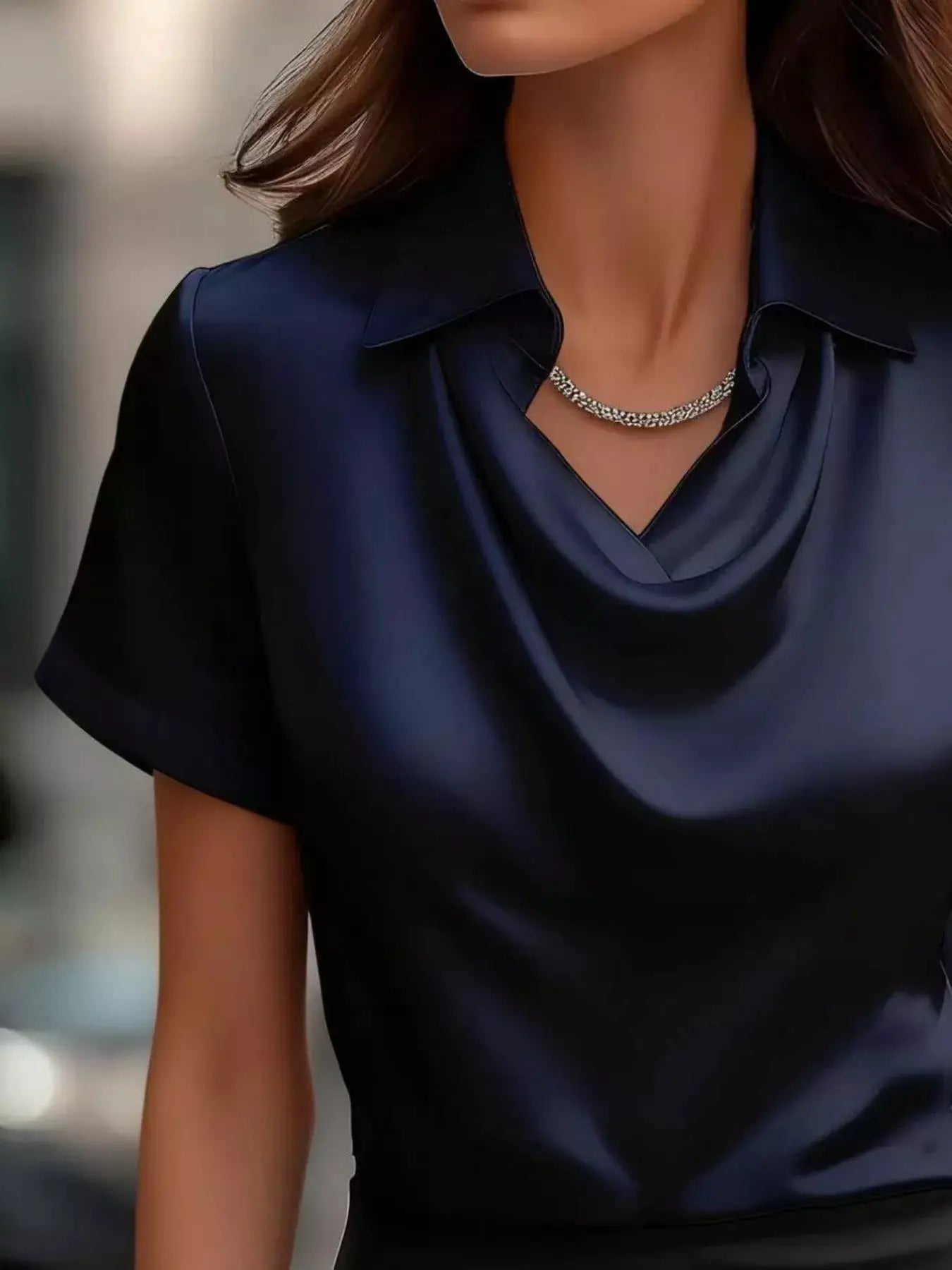 Plus-size satin blouse with navy cowl neck and short sleeves by Trendsi