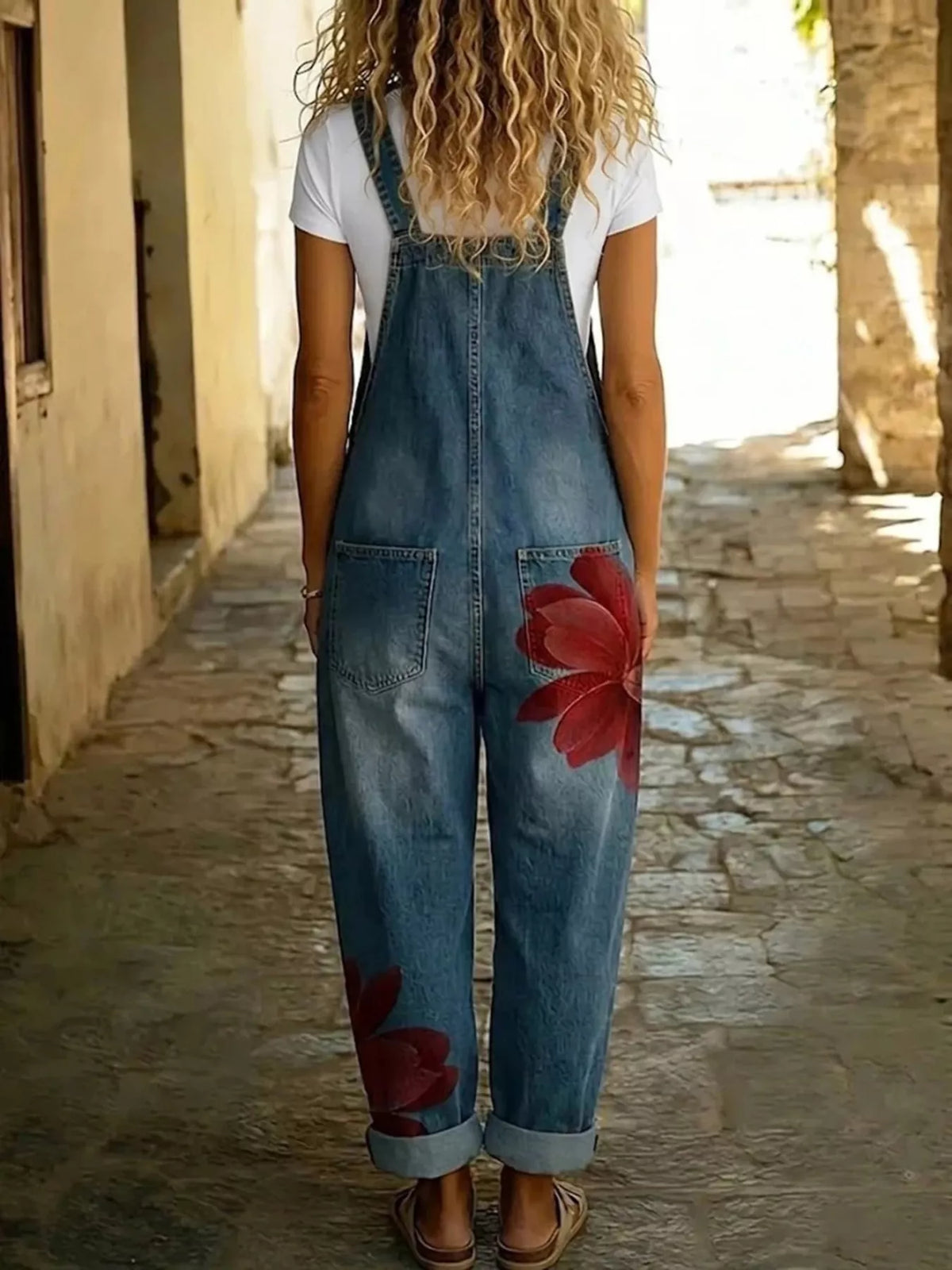 Floral Print Button Front Overalls in Big Red Flower by Belle Bijouix – view 3 of 9