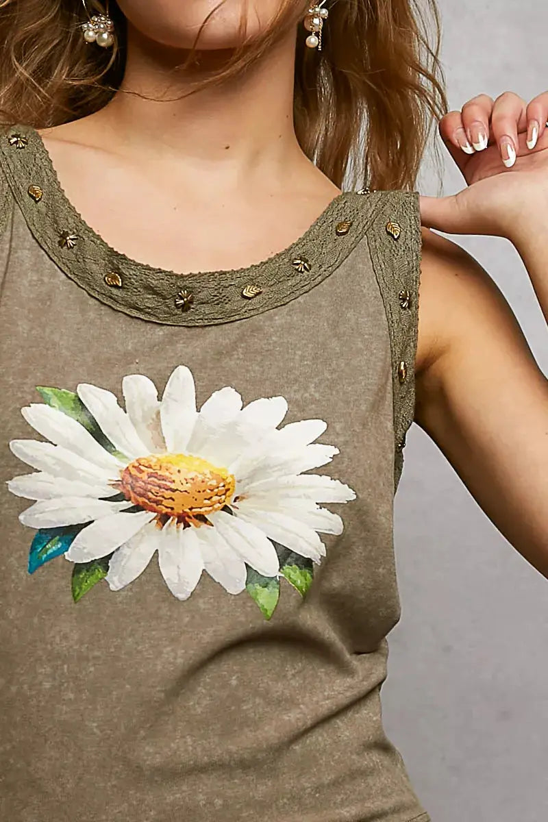 POL Washed Floral Stud Round-Neck Slim Tank top Belle Bijouix khaki with white daisy print and studded neckline