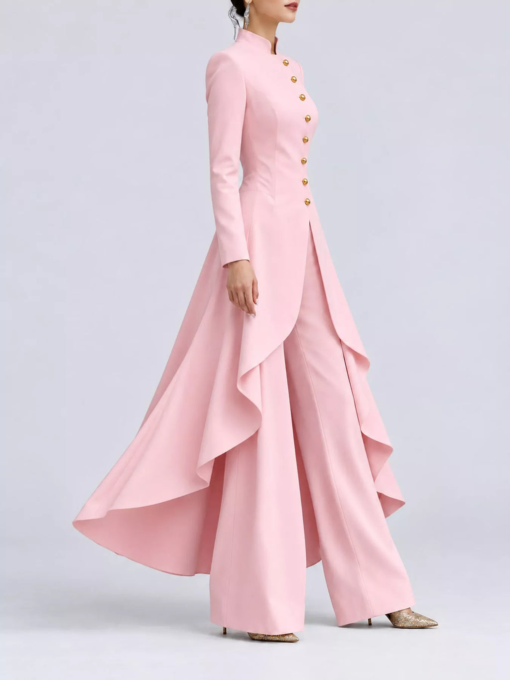 Ruffled High-Low Button Tunic & Wide-Leg Pants Set in Pink by Belle Bijouix – view 16 of 82