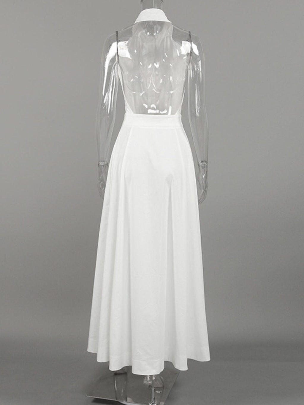 Backless Sleeveless Button Front Maxi Dress by Belle Bijouix in white, full-length gown