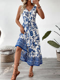 Floral Print Sleeveless V-neck Midi Dress by Bellebijouix, blue and white with belt and tiered design.