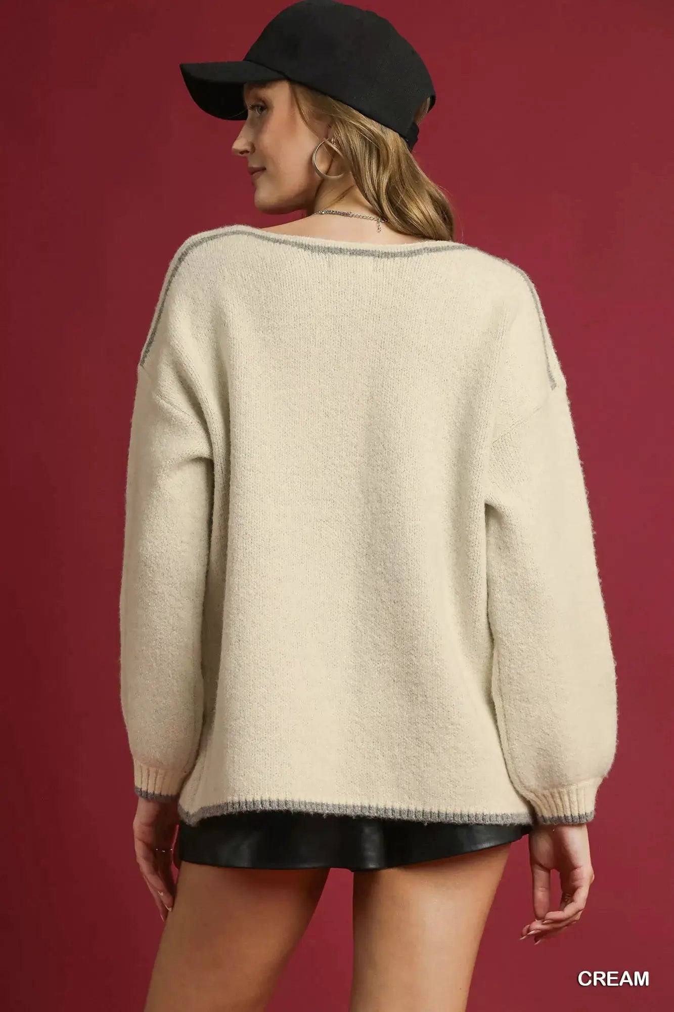 Umgee Floral Jacquard Knit Sweater, cream color with gray edging, oversized knit top