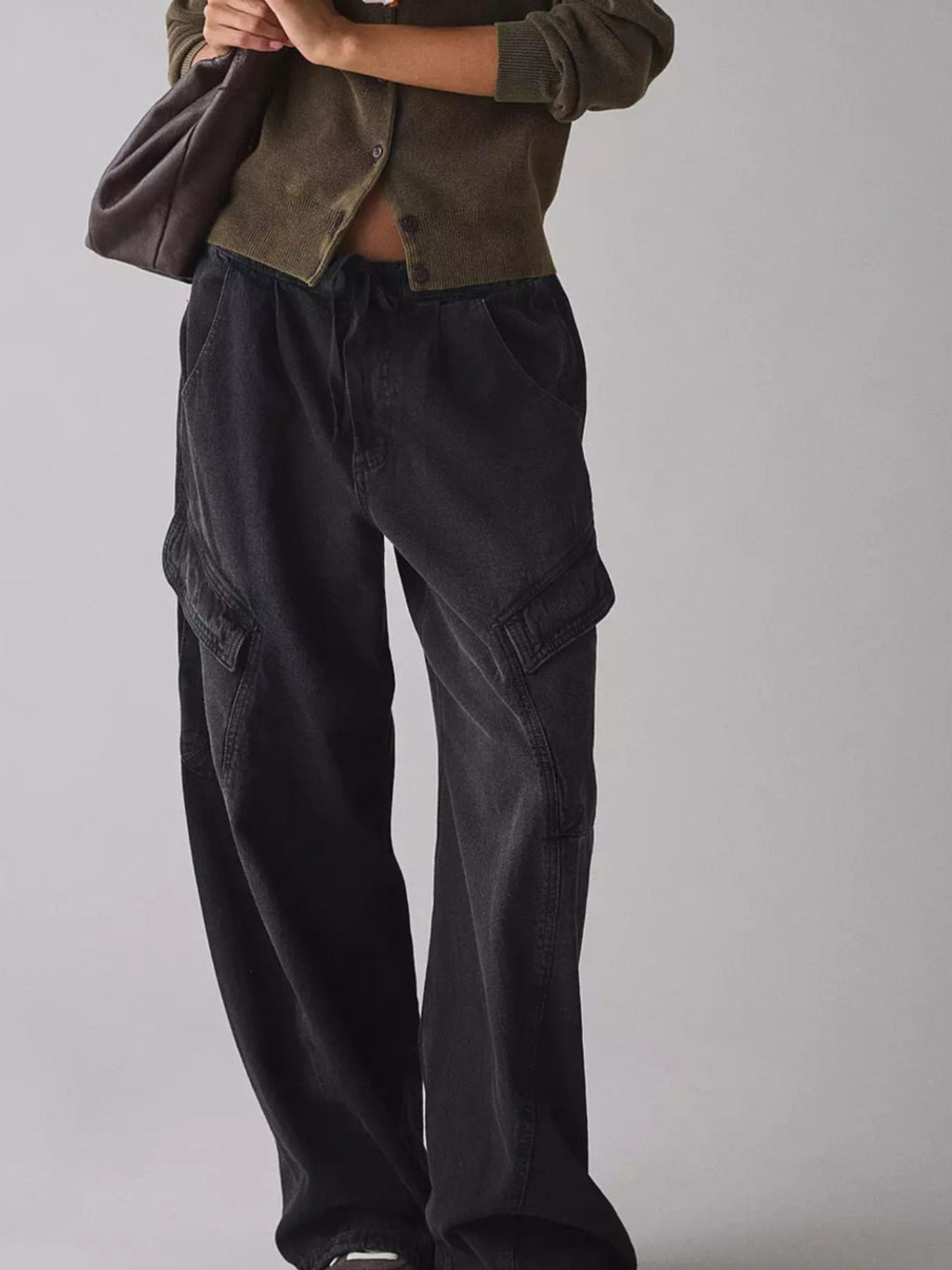 Drawstring Waist Cargo Jeans in black with side cargo pockets