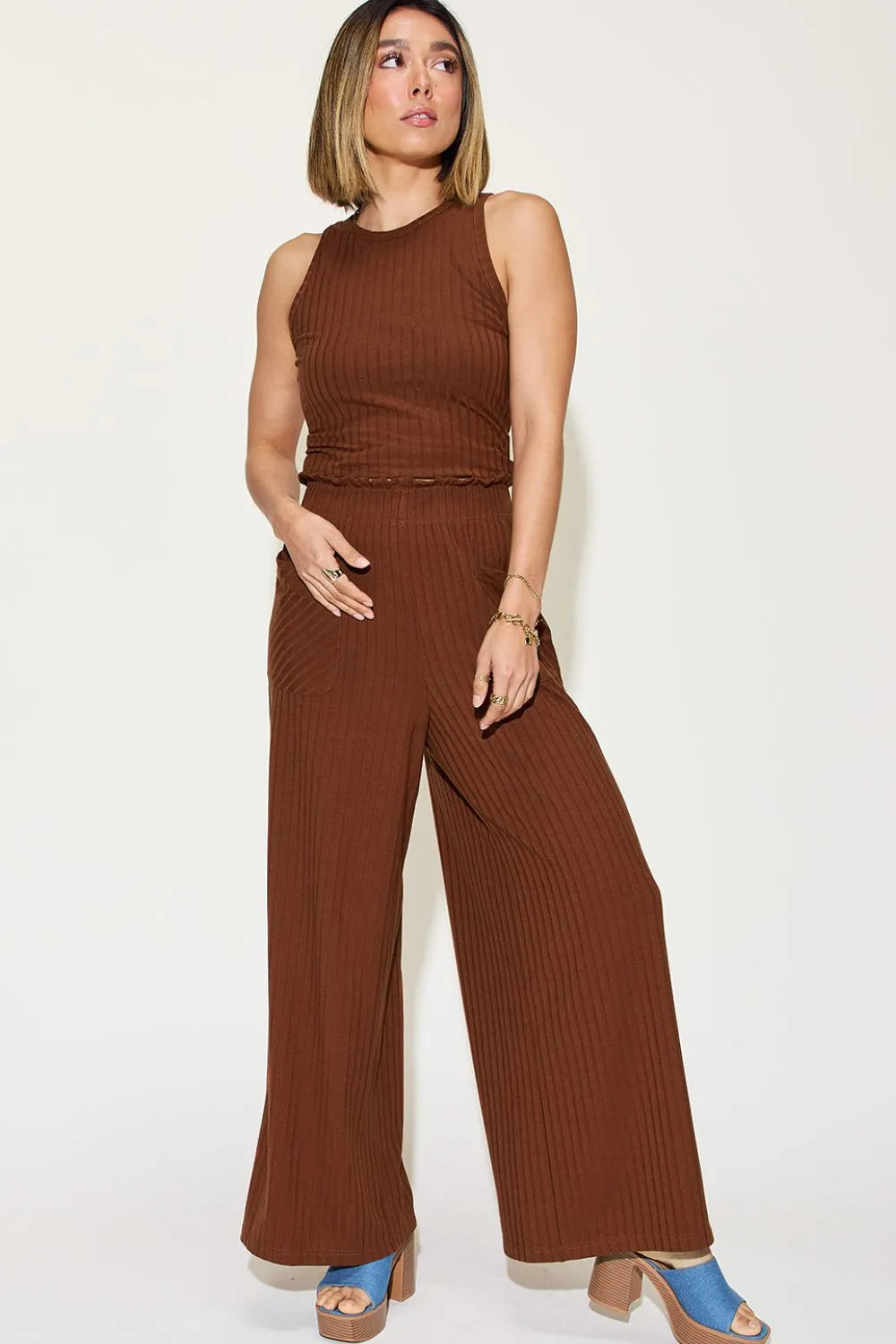 Basic Bae Full Size ribbed tank and wide-leg pants set in brown; sleeveless top with matching wide-leg pants.
