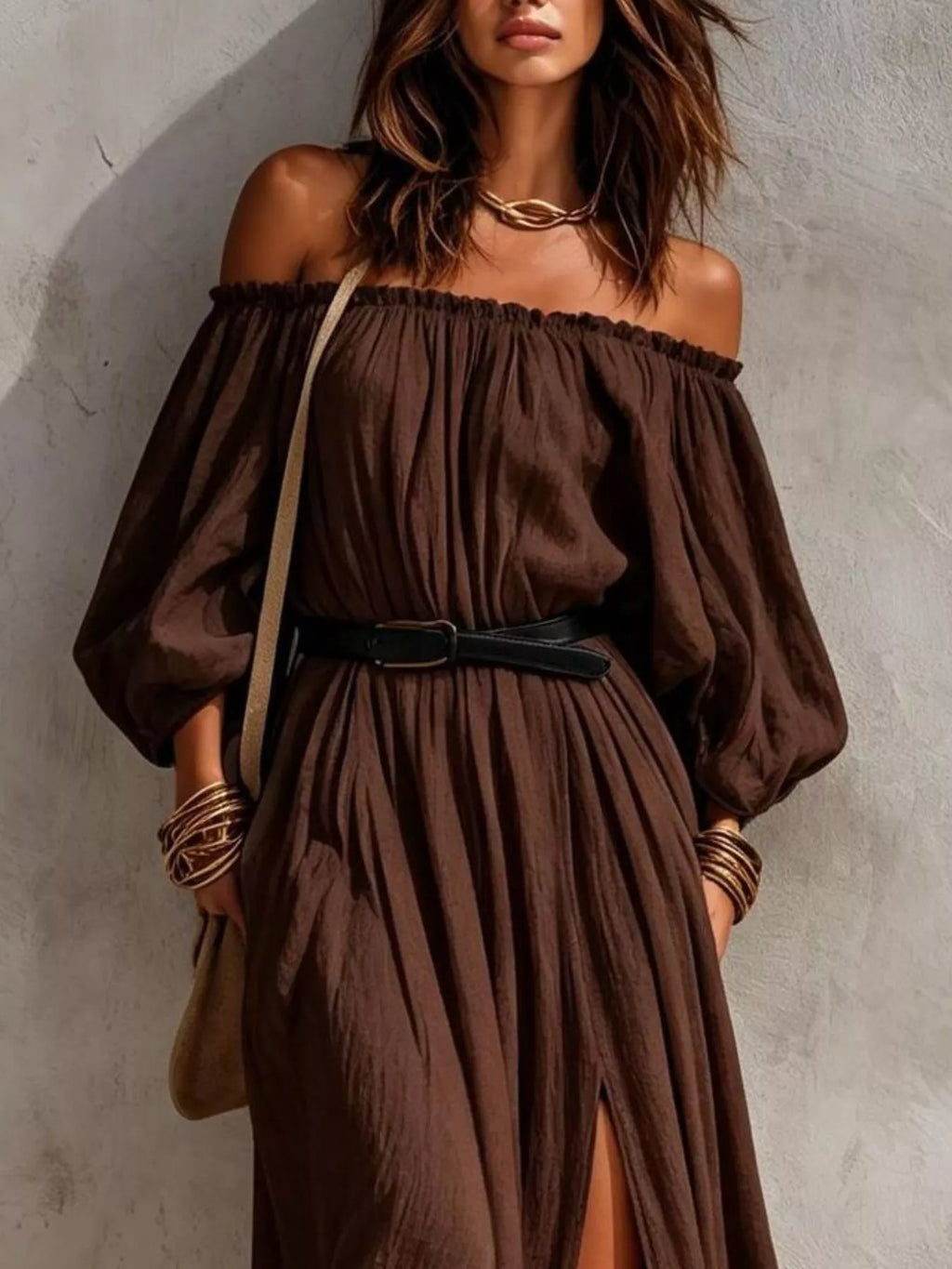 Boho Off-Shoulder Maxi Dress with Side Slit by Belle Bijouix – view 6 of 9