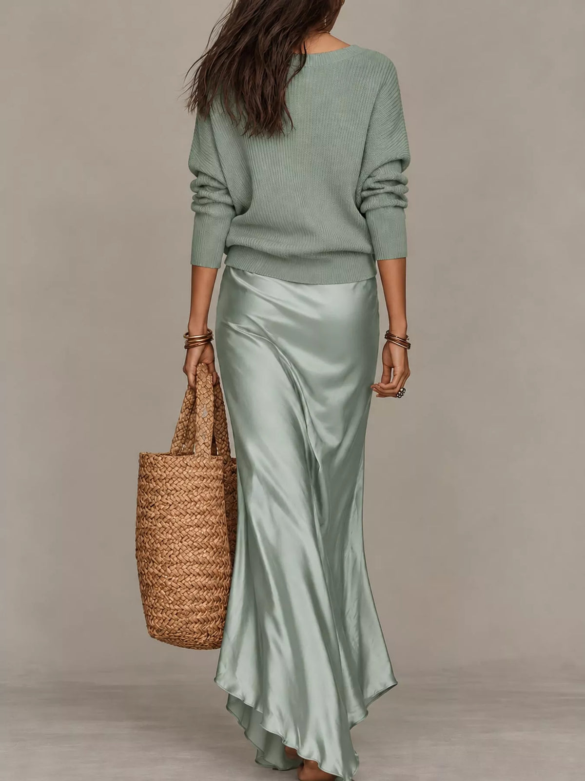 V-Neck Sweater & Satin Slip Maxi Dress Set in Teal by Belle Bijouix – view 35 of 41