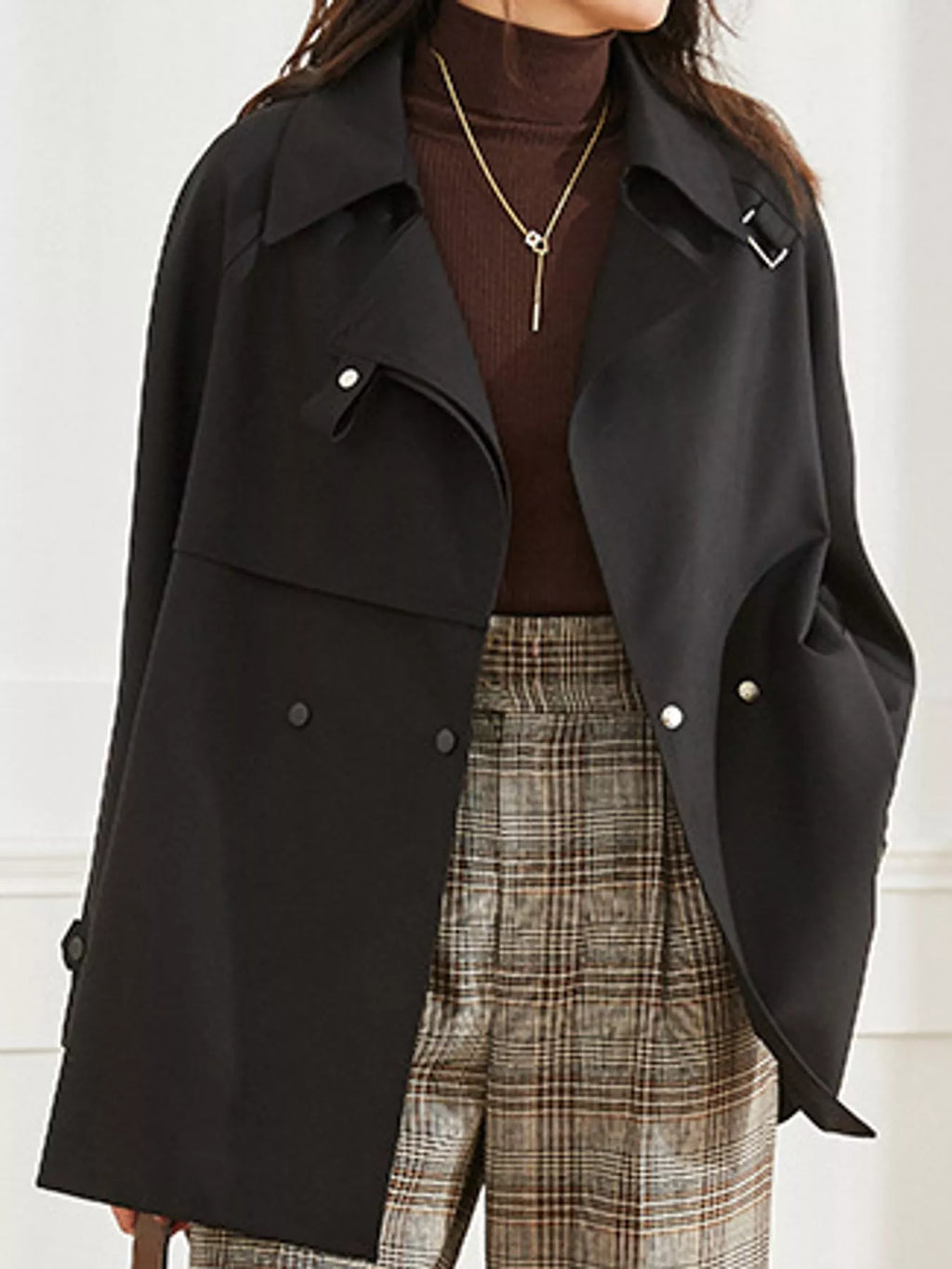Double-Breasted Tie-Waist Short Trench Coat in Black by Belle Bijouix – view 10 of 20