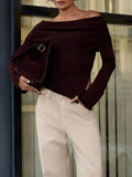 Asymmetrical Hem Off-Shoulder Long Sleeve Knit Top in burgundy.