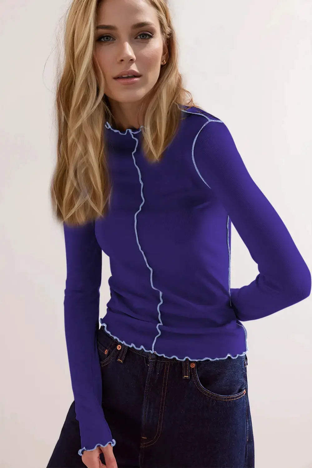 Basic Bae Contrast Trim Mock Neck Long Sleeve T-Shirt in royal blue with light blue trim