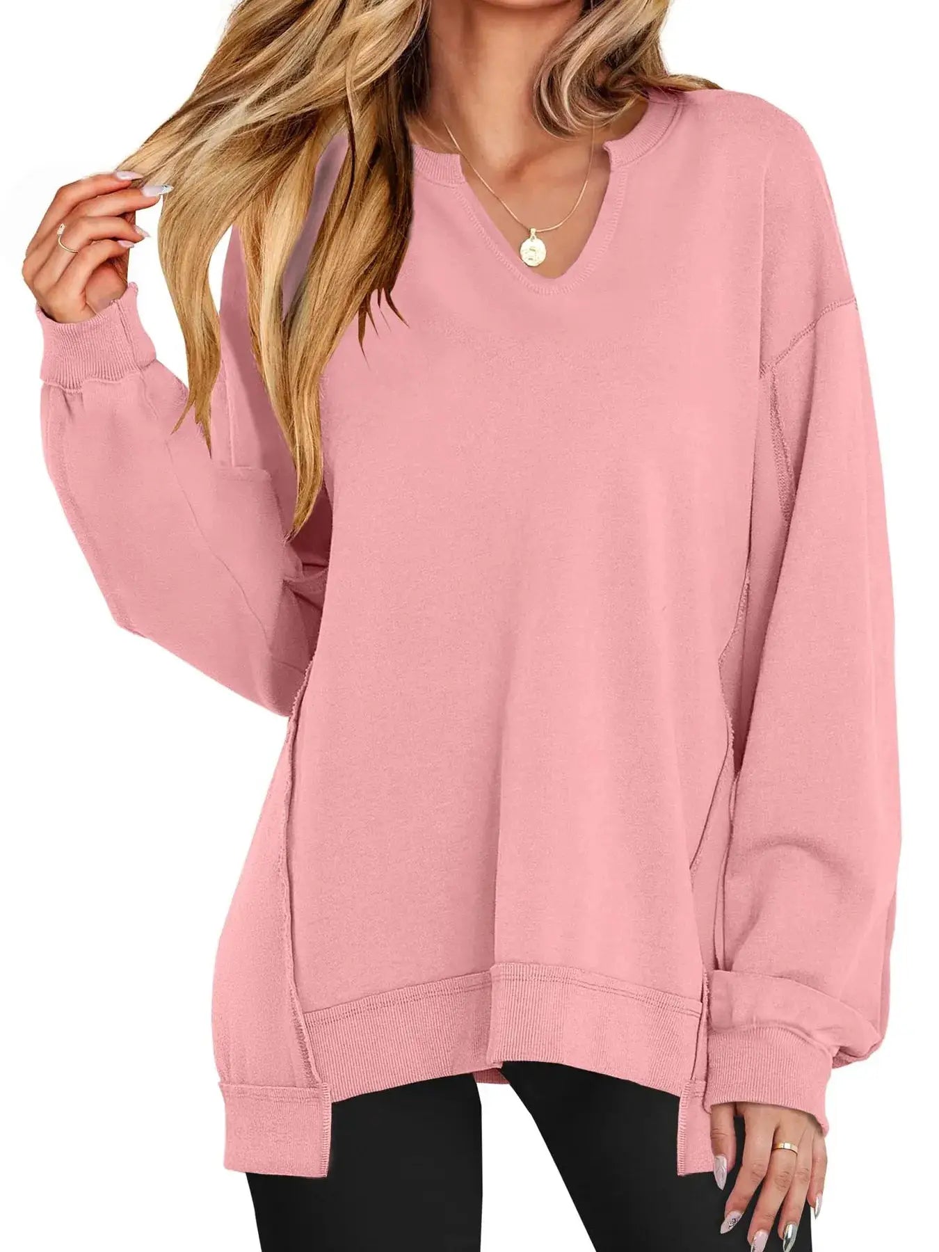 Notched Long Sleeve Oversized Sweatshirt Belle Bijouix, pink with ribbed cuffs and hem.