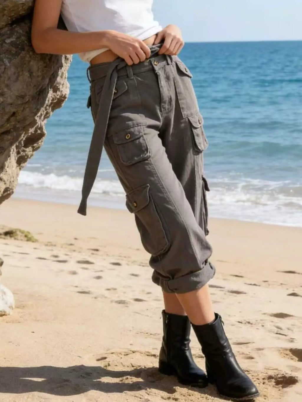 Wide Leg Cargo Jeans in gray with pocketed design and tied belt