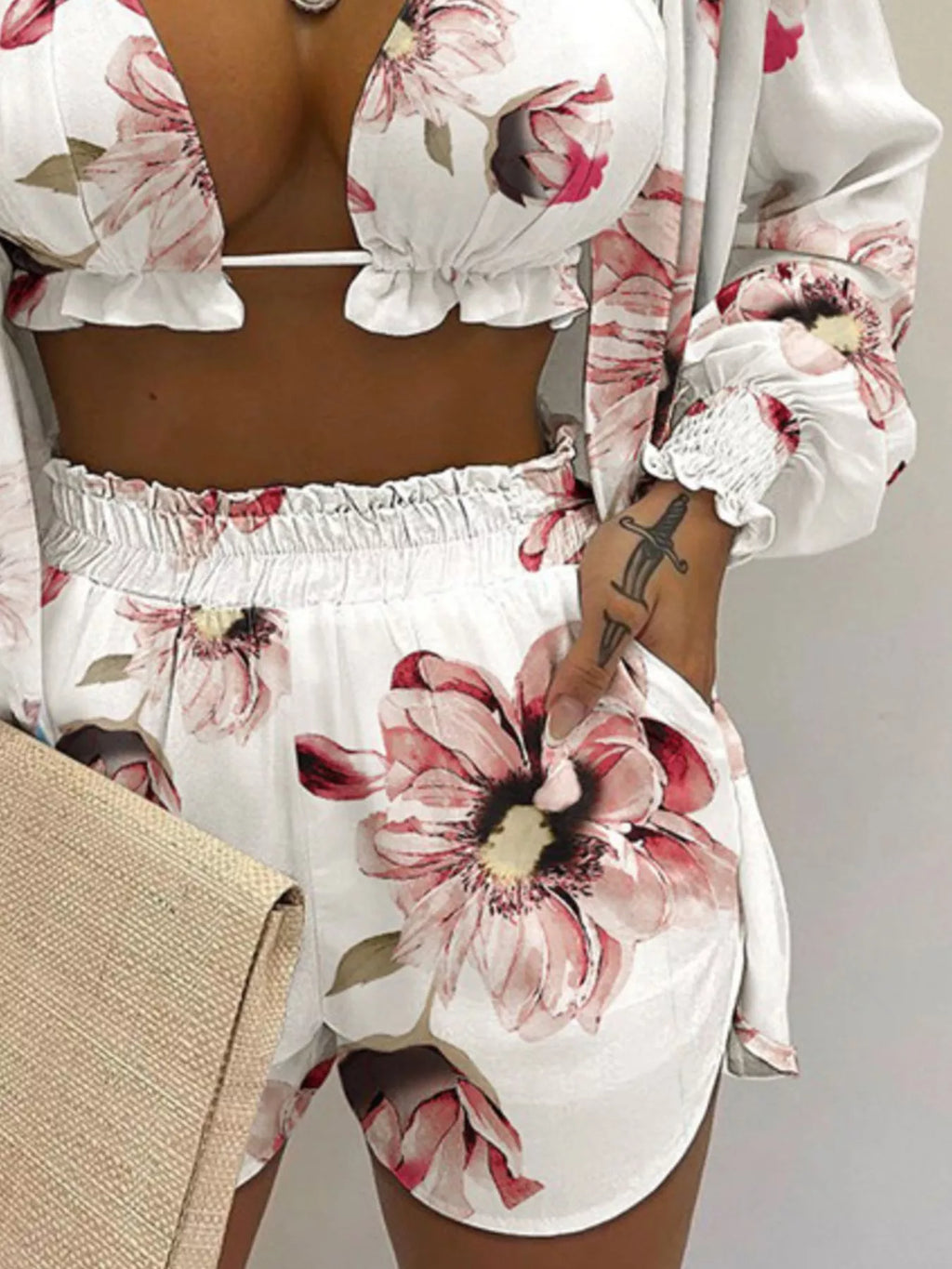 Trendsi plus-size floral 3-piece set: halter-neck cami, matching shirt, and shorts in white with pink flowers