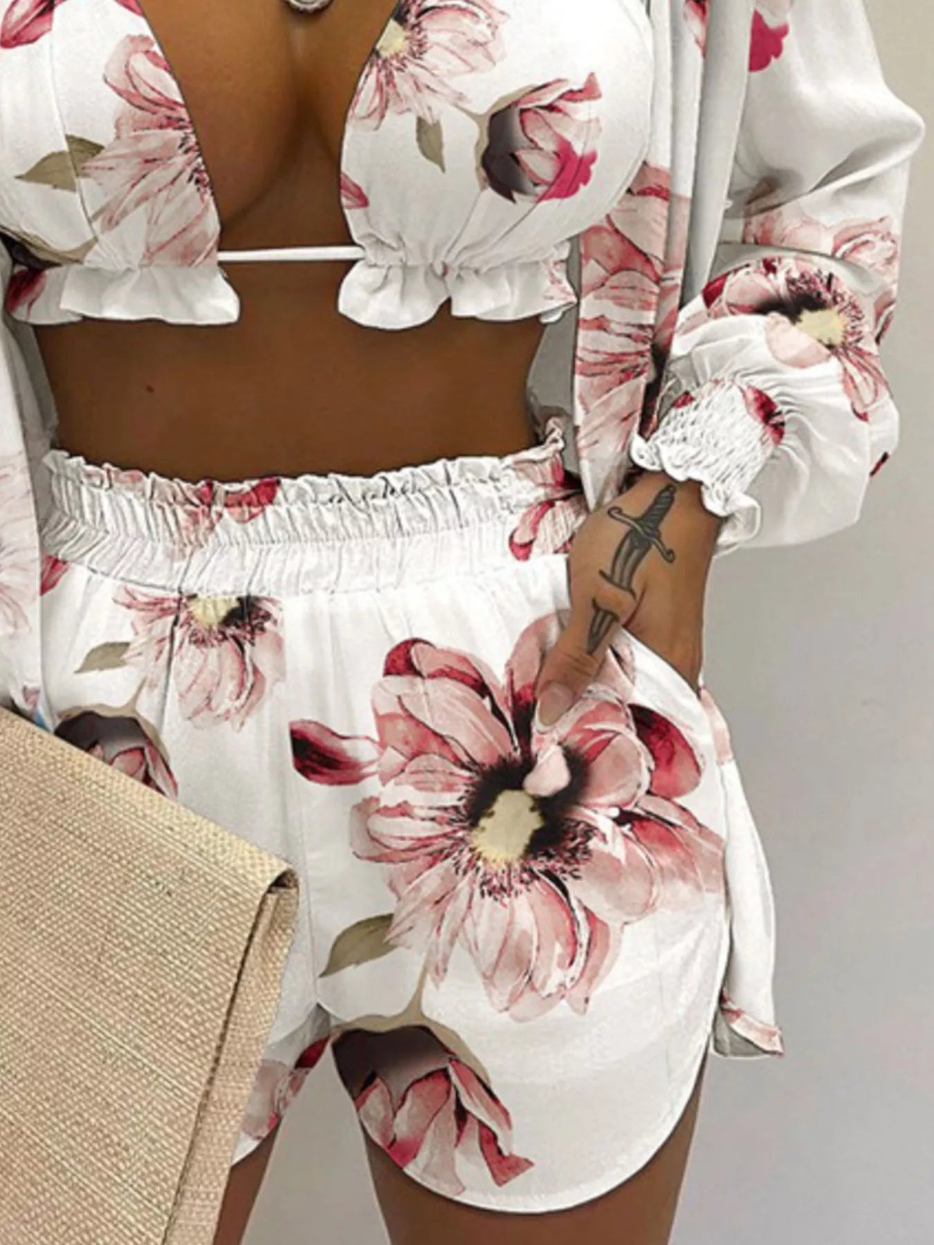 Trendsi plus-size floral 3-piece set: halter-neck cami, matching shirt, and shorts in white with pink flowers