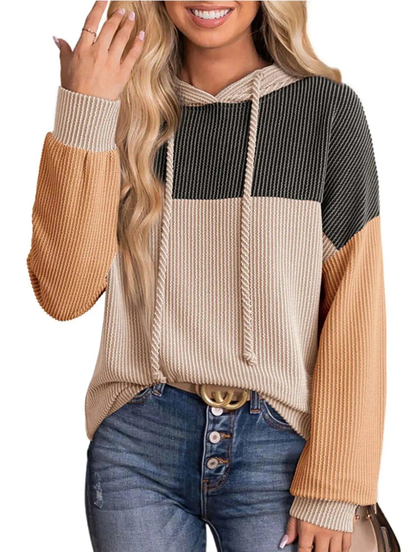 Drawstring color-block knit hoodie with long sleeves in black, beige, and camel.