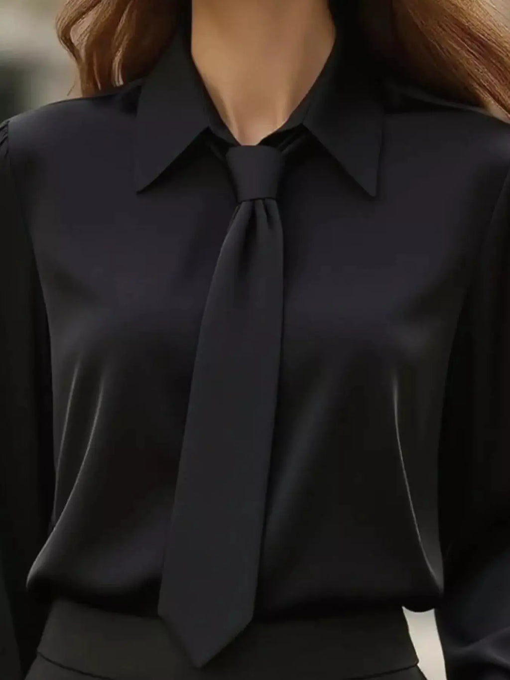Collared neck long sleeve blouse with tie detail in black fabric