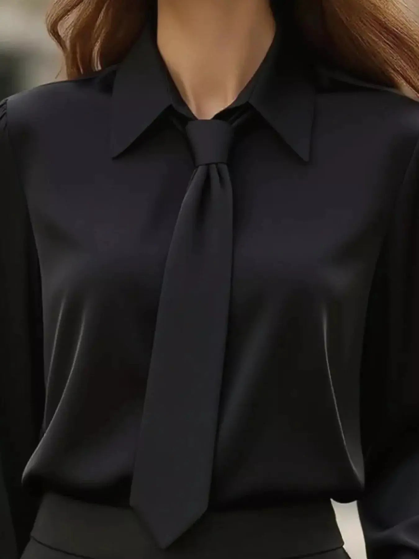Collared neck long sleeve blouse with tie detail in black fabric