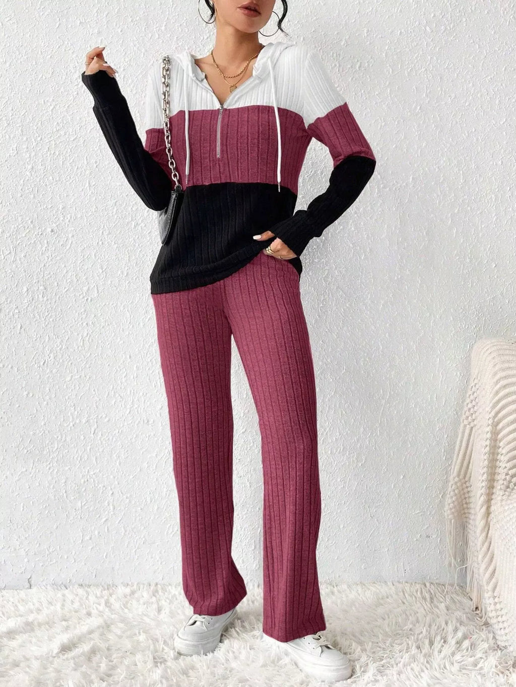 2-piece color-block knit half-zip hooded top and pants set; white, magenta, black ribbed activewear with drawstring