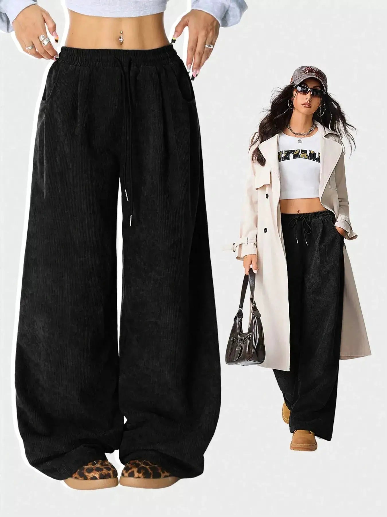 Casual Corduroy Wide-Leg Pants by Belle Bijouix in black with drawstring and pockets.