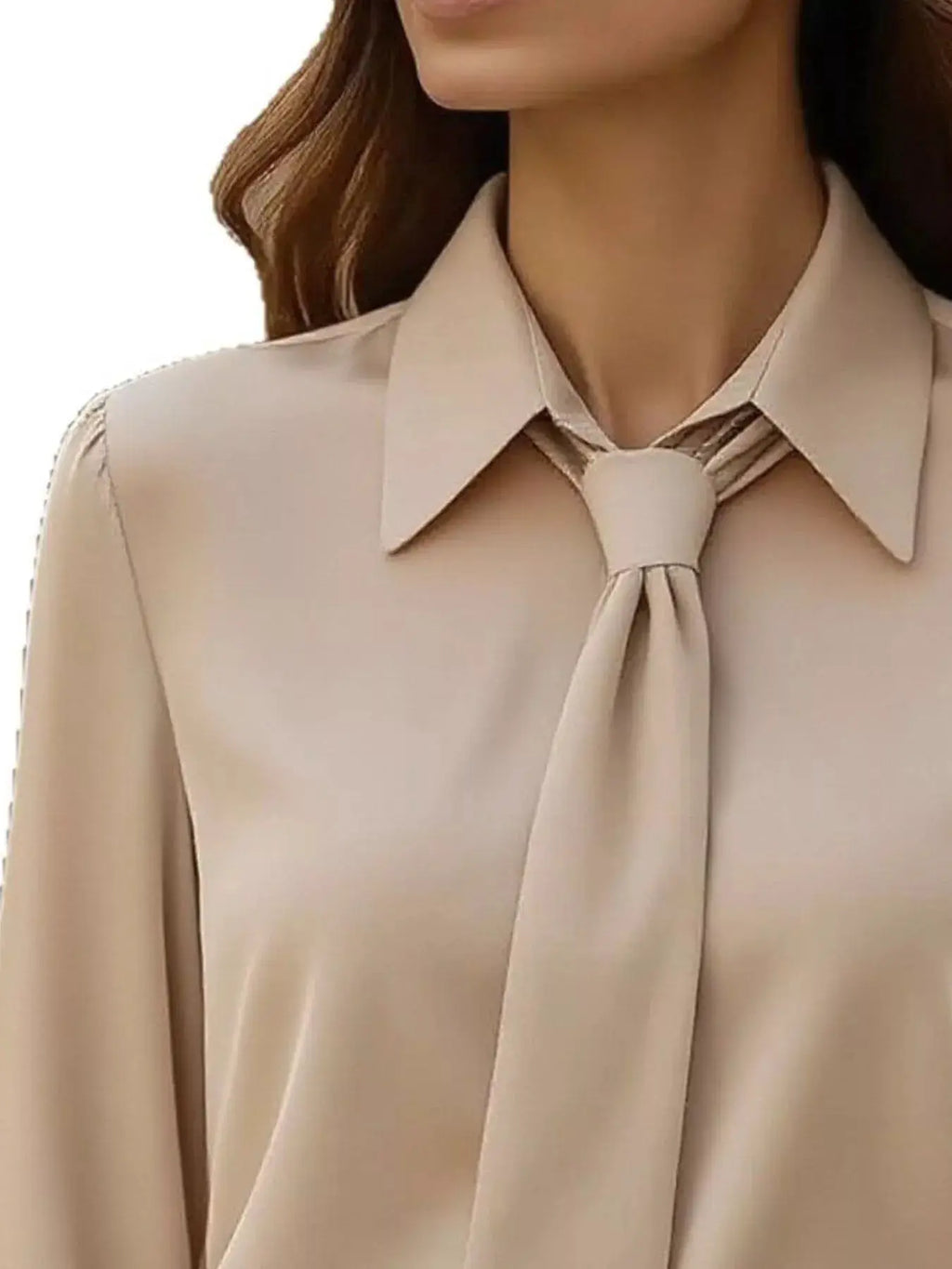 Collared neck long sleeve blouse, beige color with tie-neck detail