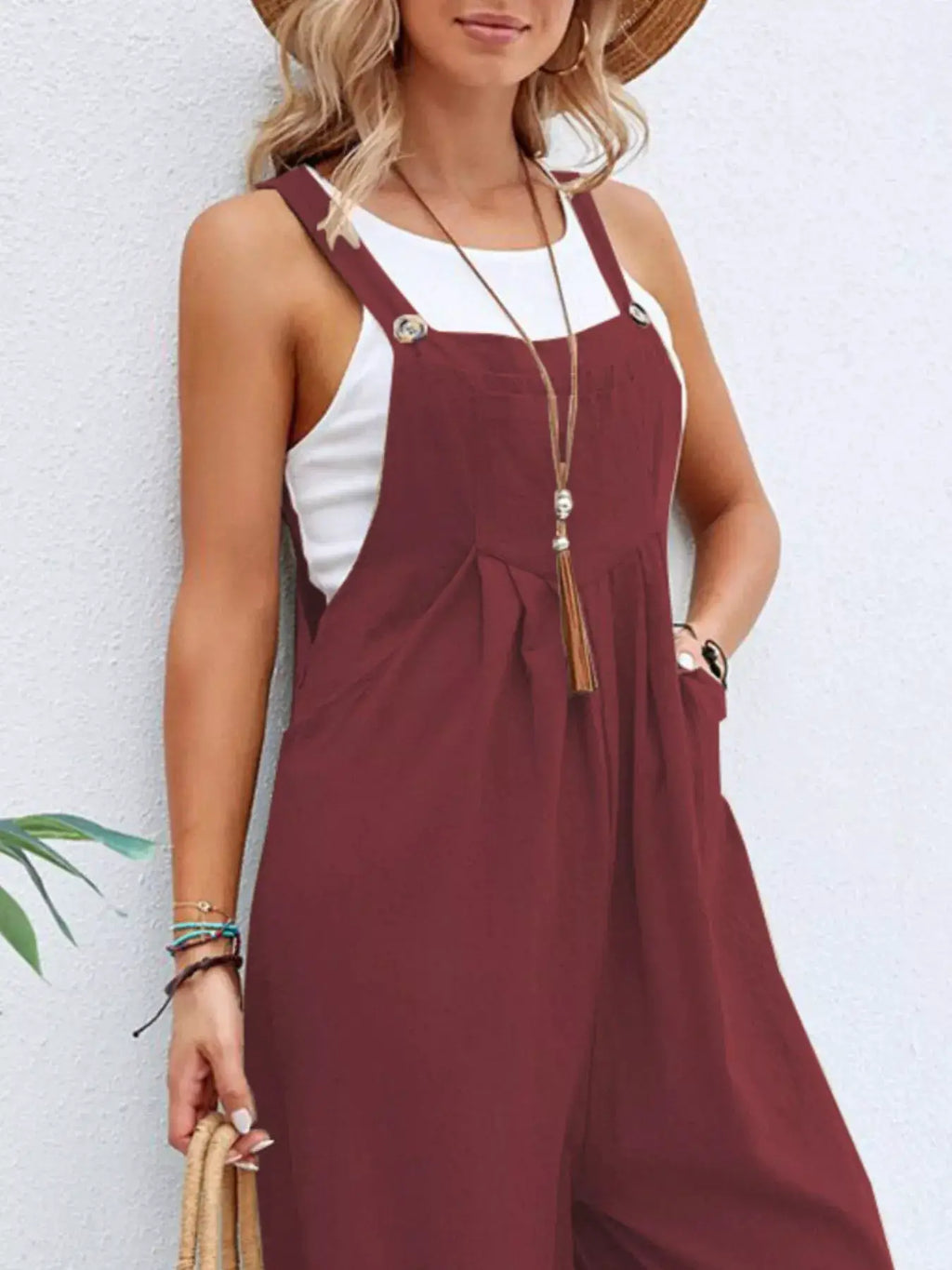 Full-Size Casual Wide-Leg Overalls with Pockets by Belle Bijouix in burgundy plus size