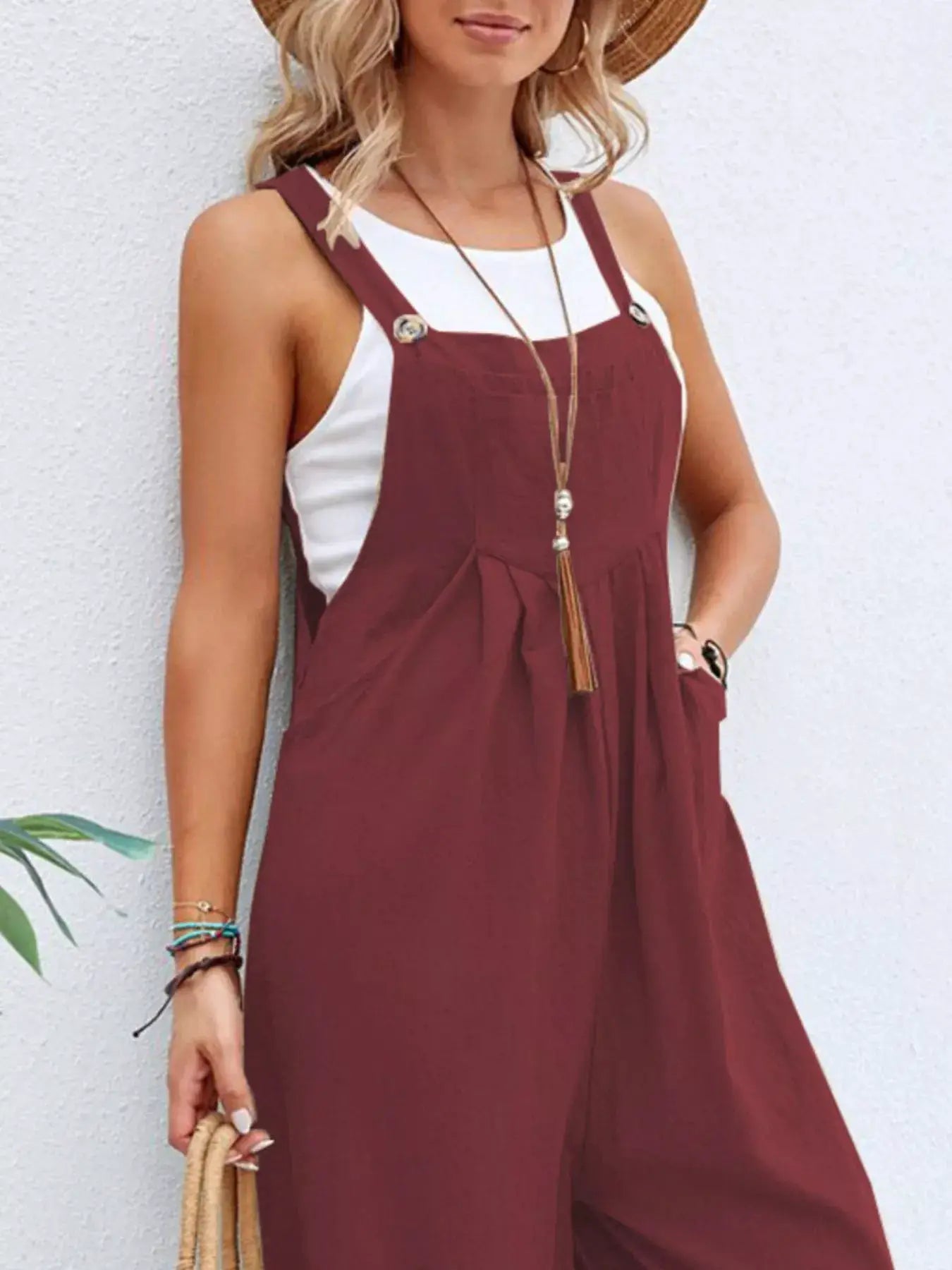 Full-Size Casual Wide-Leg Overalls with Pockets by Belle Bijouix in burgundy plus size