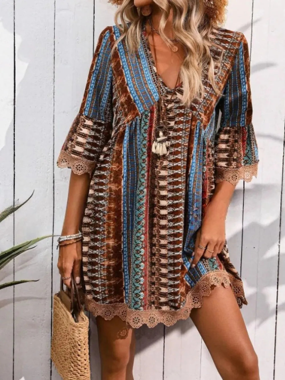 Lace Trim Printed V-Neck 3/4 Sleeve Dress by Belle Bijouix in brown, teal and blue with scalloped hem