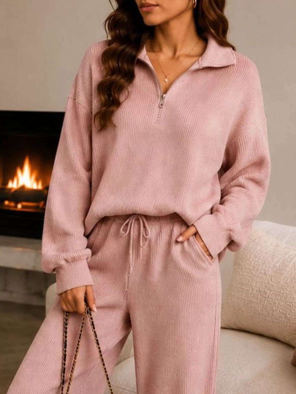 Ribbed Knit Quarter-Zip & Wide-Leg Pants Set by Belle Bijouix – view 8 of 16
