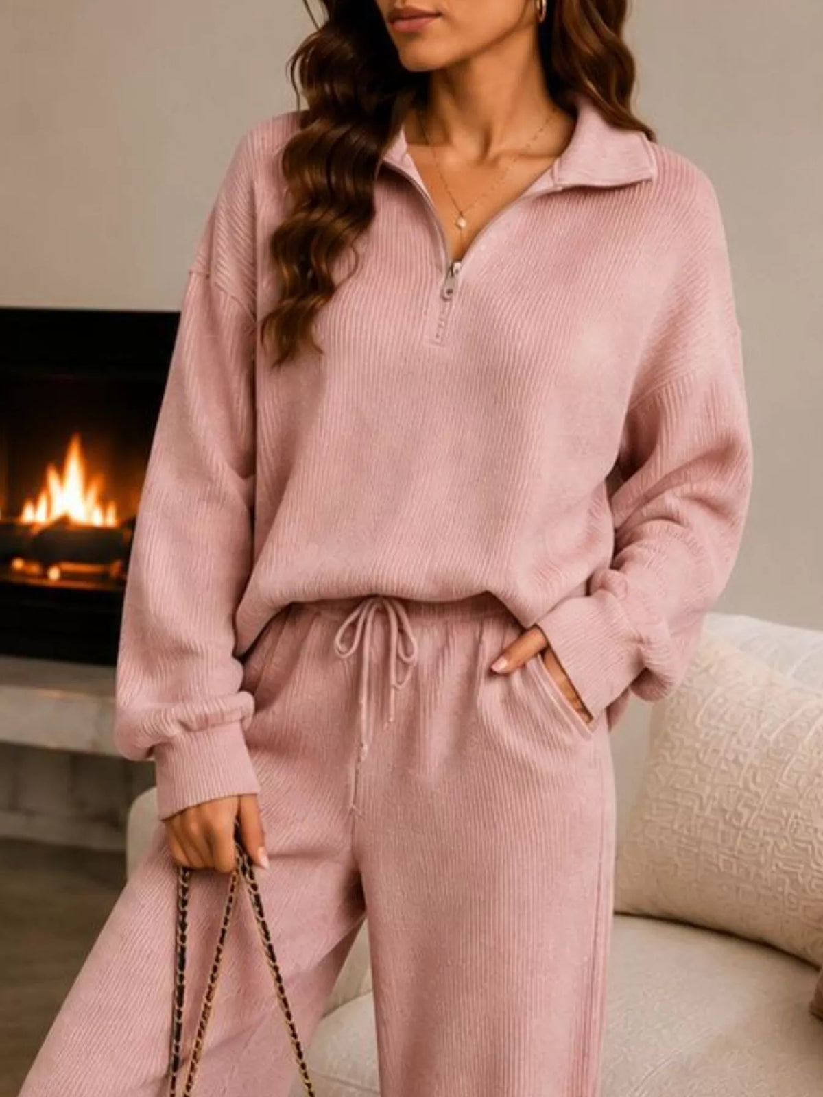 Ribbed Knit Quarter-Zip & Wide-Leg Pants Set by Belle Bijouix – view 8 of 16