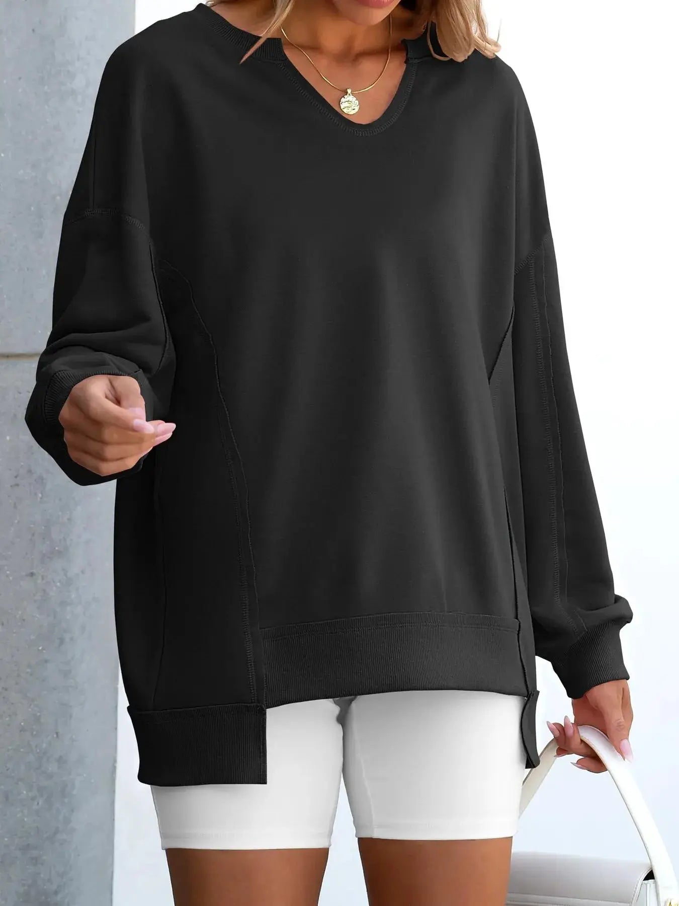 Notched long sleeve oversized sweatshirt, black with ribbed cuffs and hem, Belle Bijouix TOPS