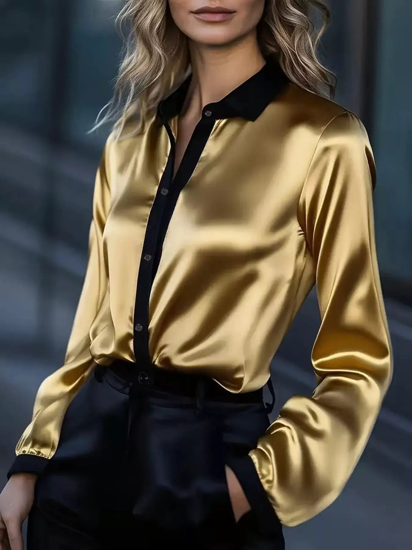 Button Up Long Sleeve Shirt by Belle Bijouix; gold satin with black collar and placket