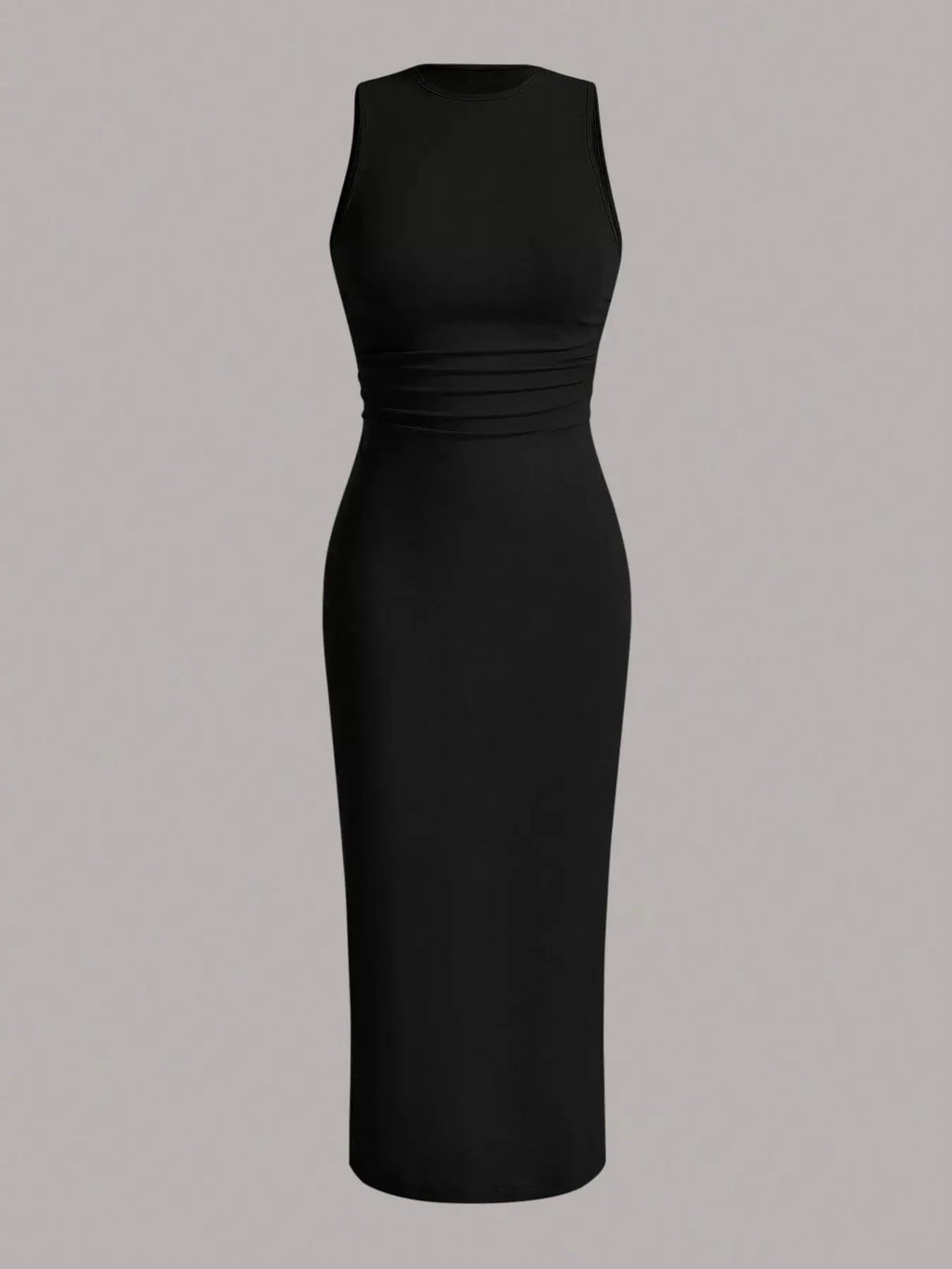 Sleeveless round-neck black midi dress with stretch fabric, minimalist everyday look