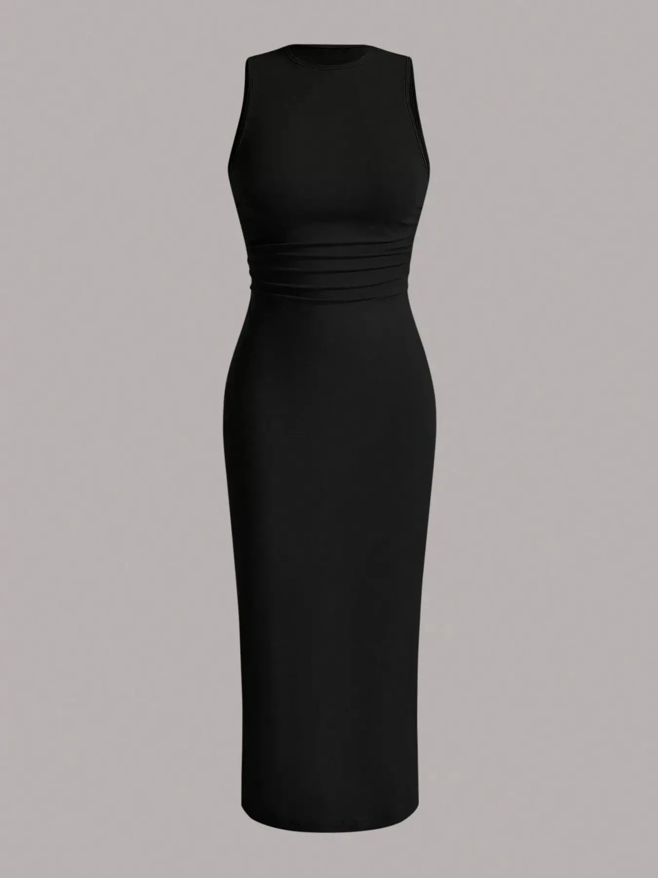 Sleeveless round-neck black midi dress with stretch fabric, minimalist everyday look