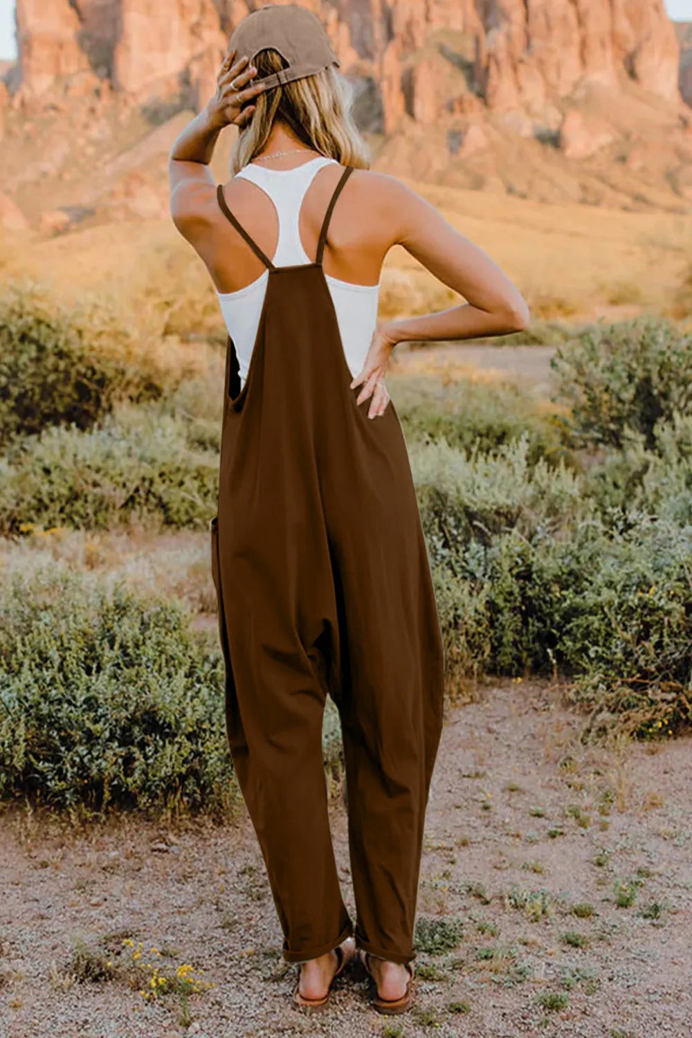 Double Take full-size V-neck sleeveless jumpsuit with pockets