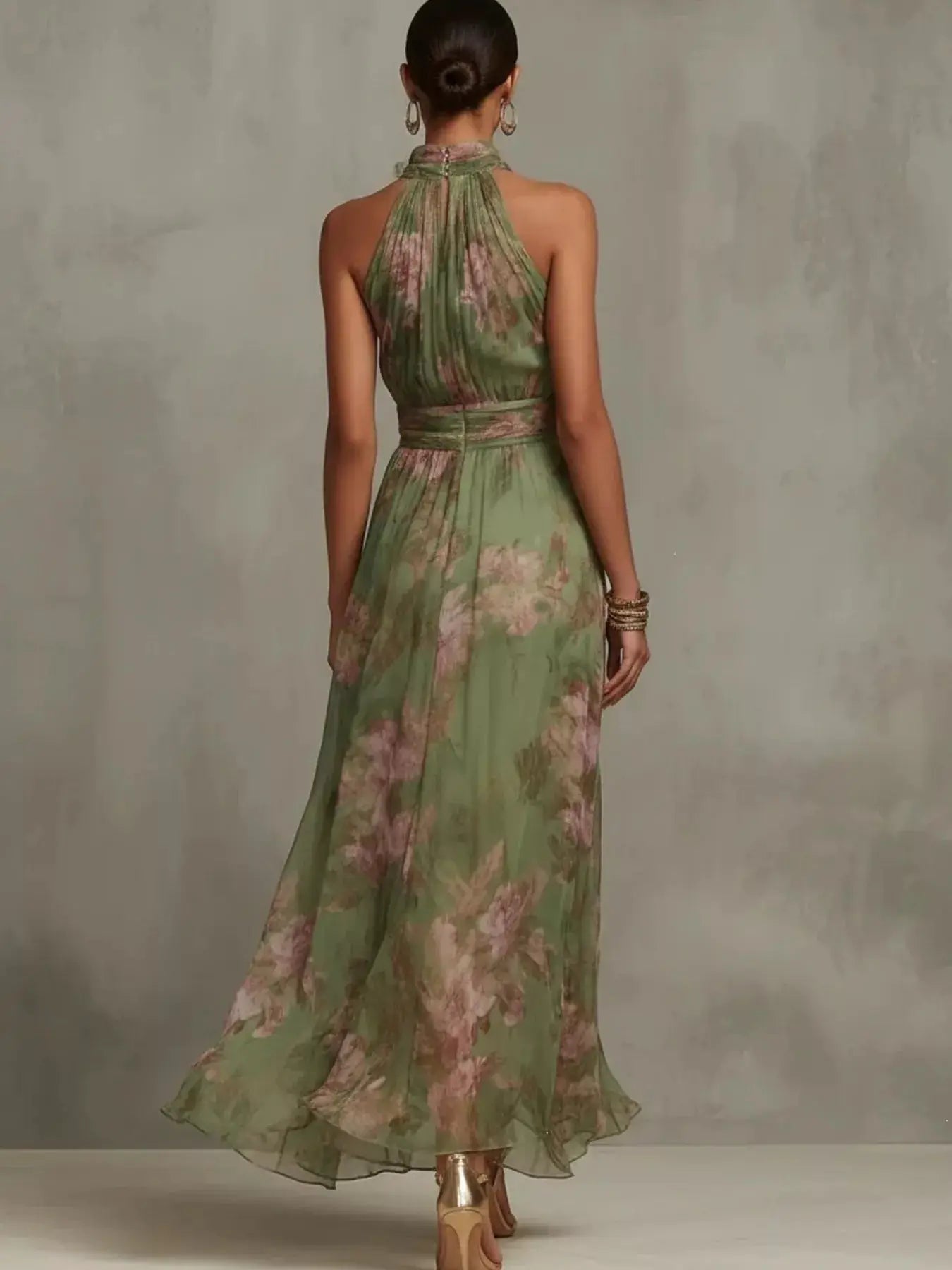 Plus-size floral print sleeveless halter-neck maxi dress in green with pink blossoms