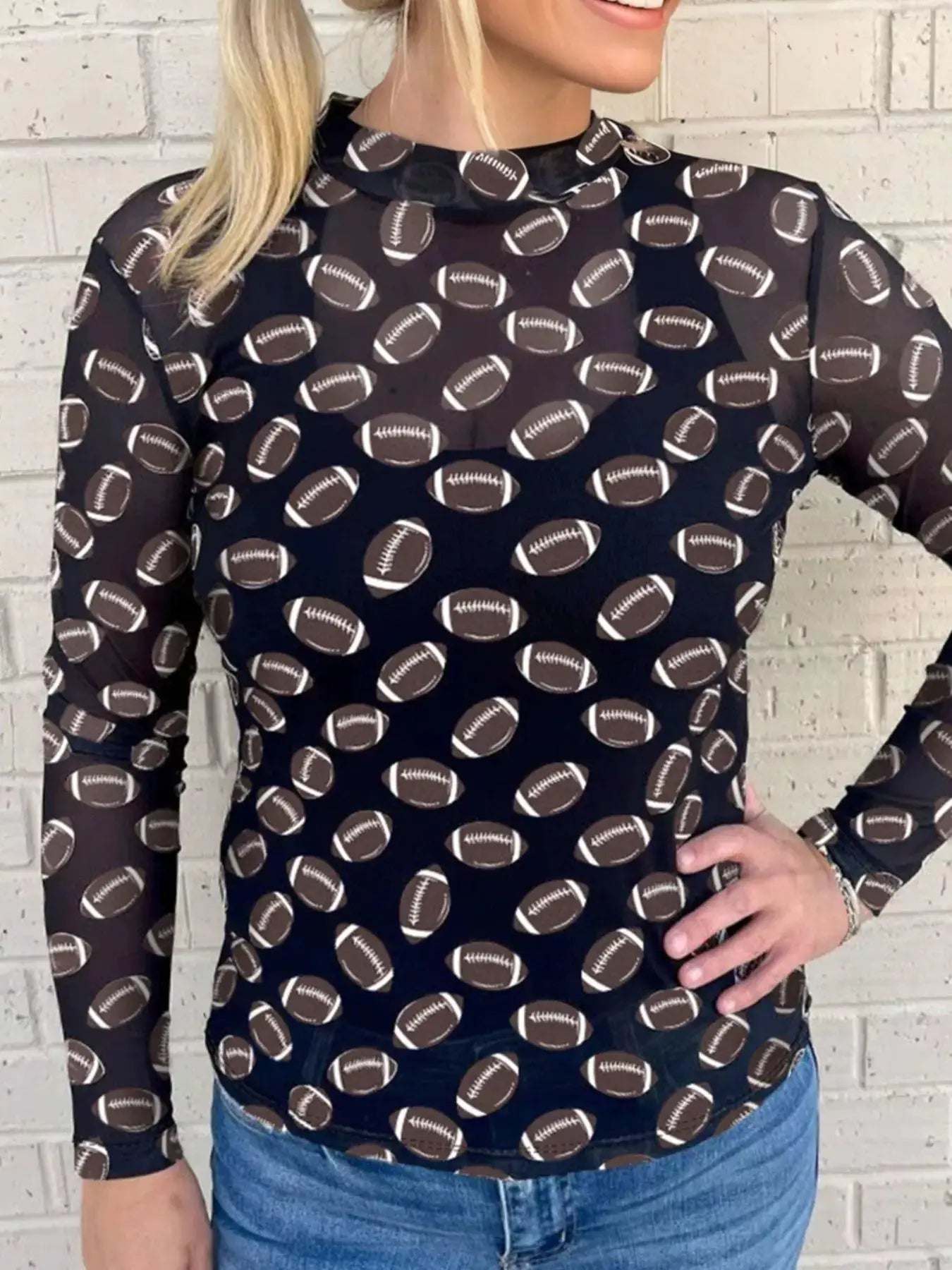 Game Day Mesh Sheer Long Sleeve Top in black with football print from Belle Bijouix.