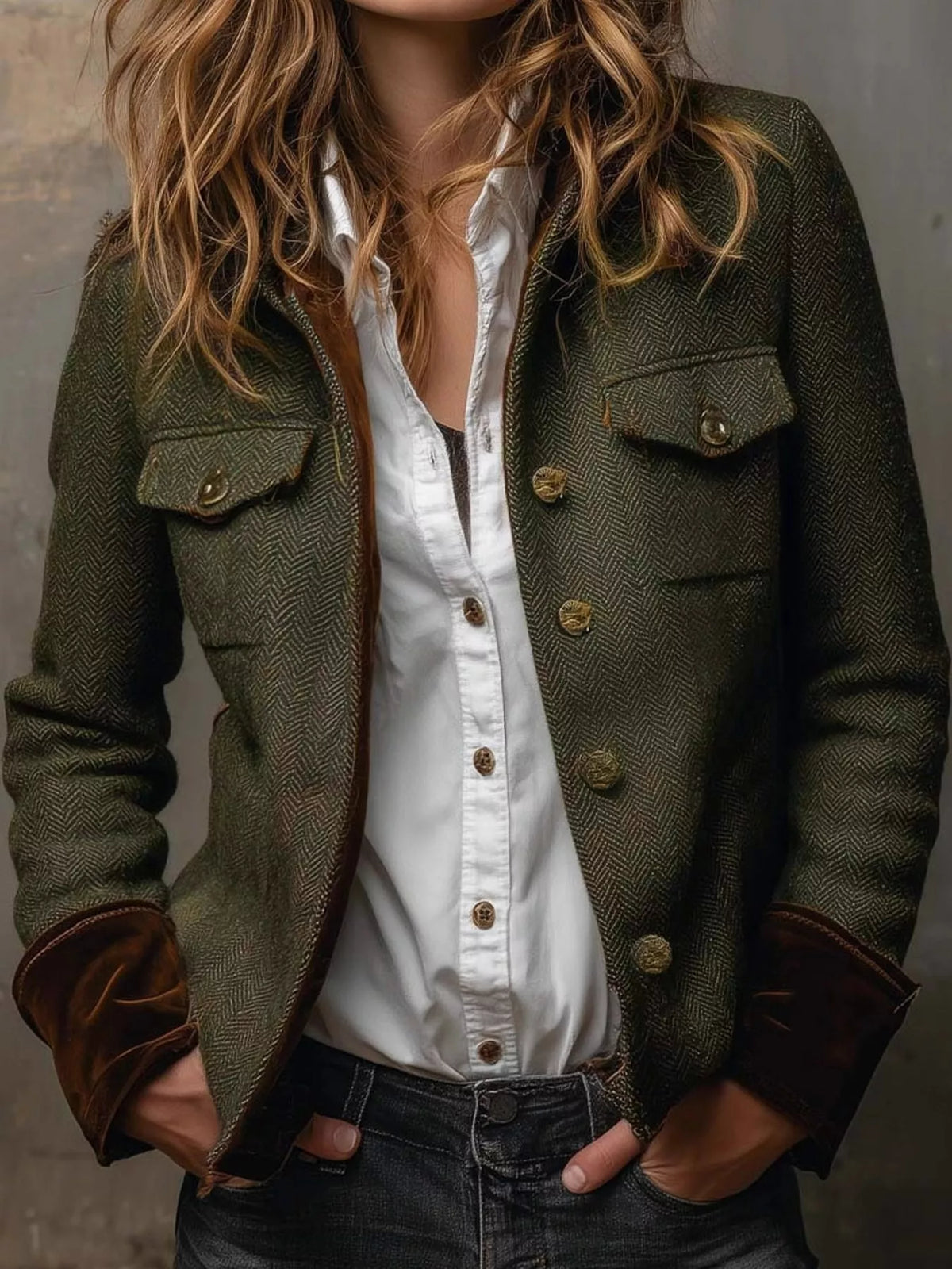 Herringbone Tweed Blazer with Velvet Cuffs in Army Green by Belle Bijouix – view 1 of 10