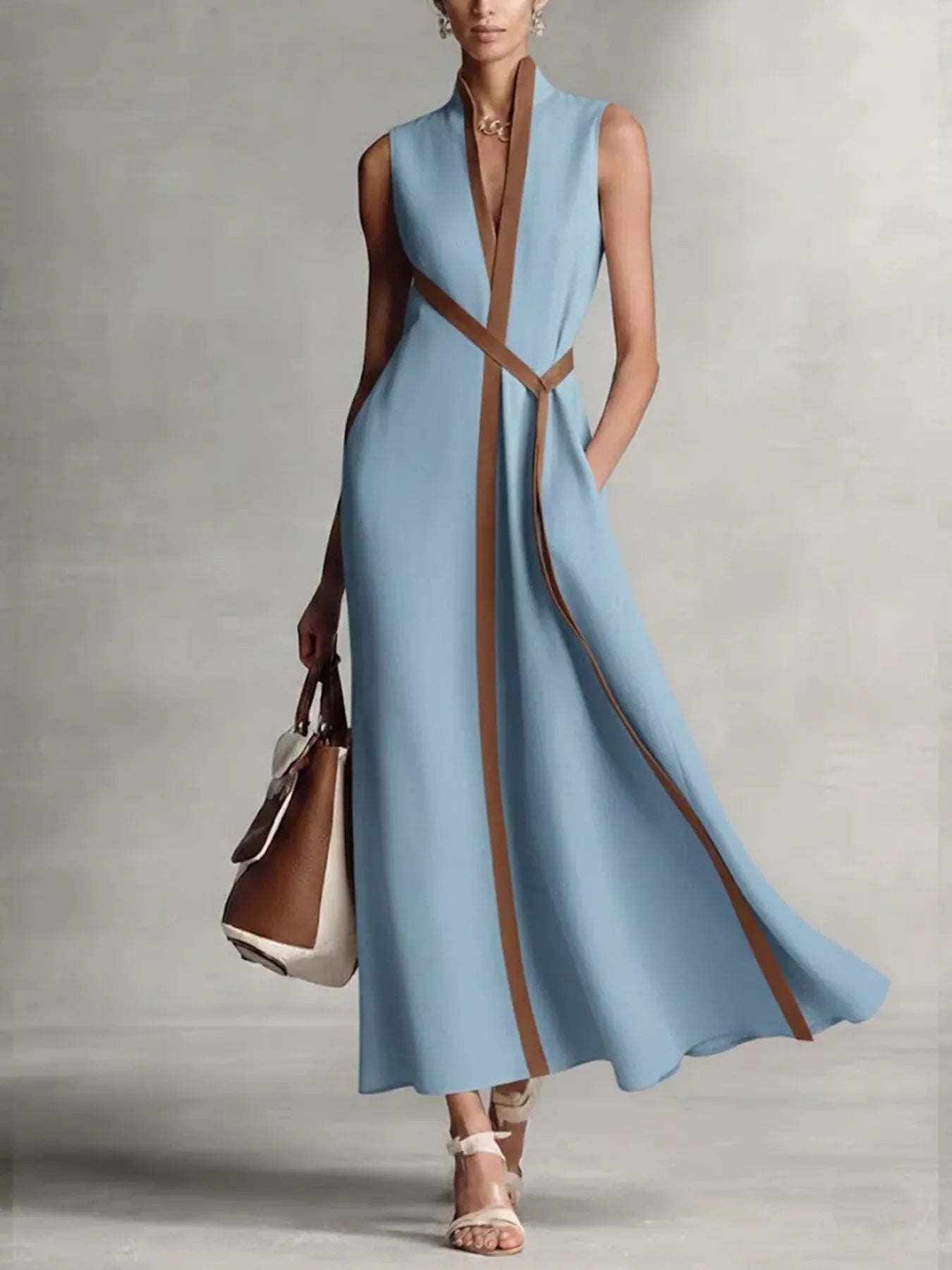 Plus size sleeveless maxi dress by Trendsi in light blue with brown contrast trim