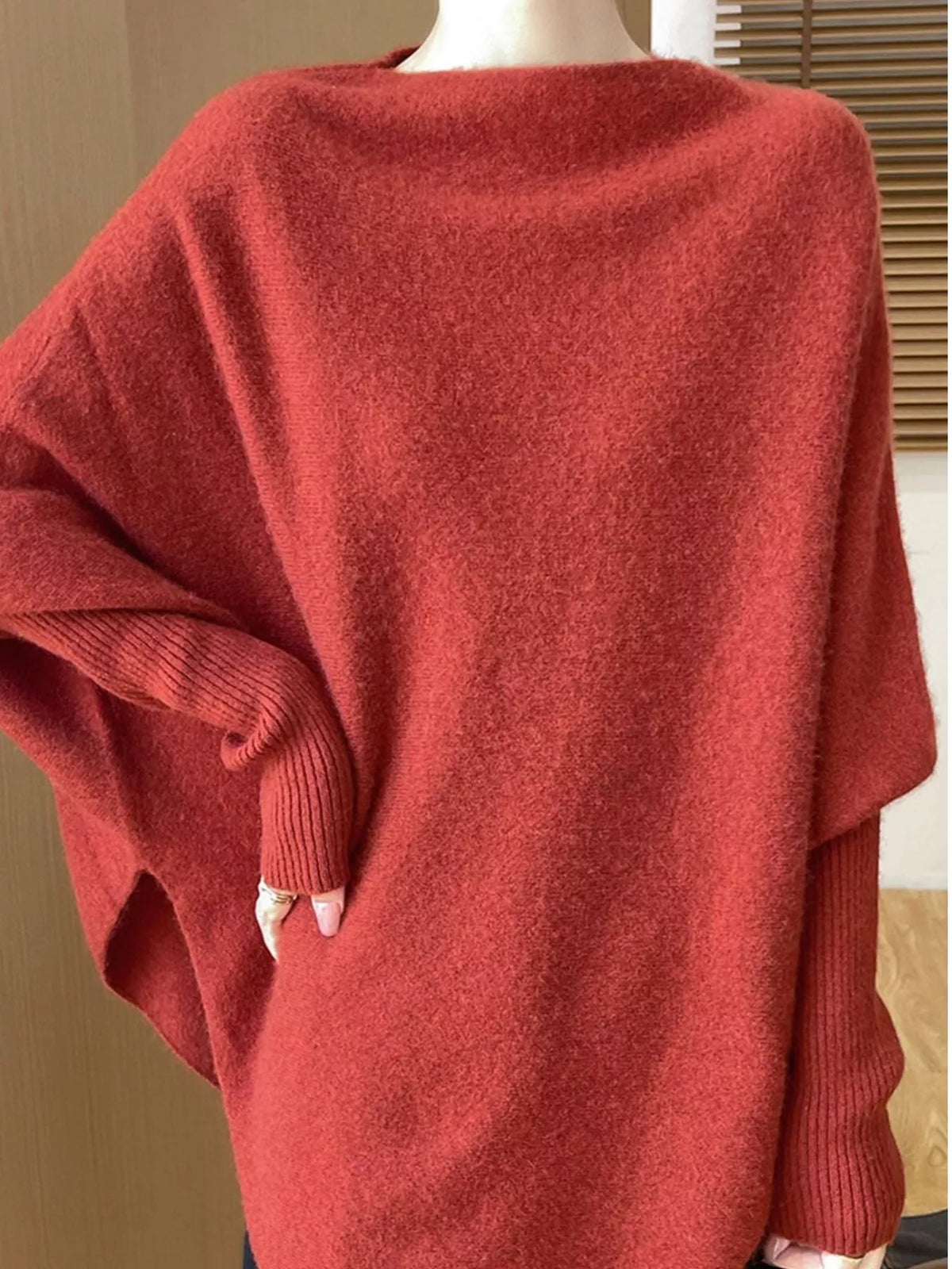 Oversized Asymmetric Wool Batwing Sweater in Brick Red by Belle Bijouix – view 12 of 24