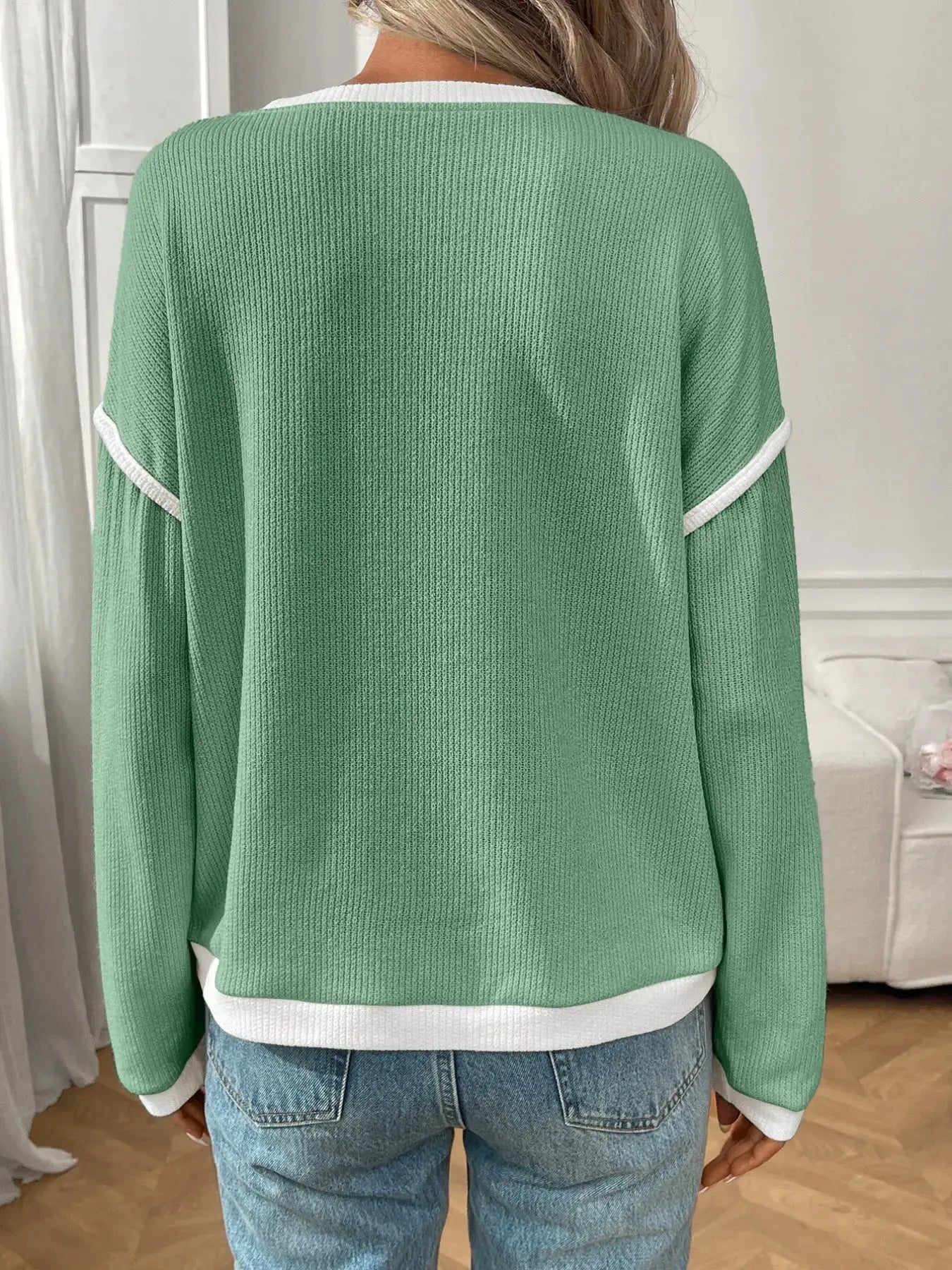 Ribbed Contrast Trim Long Sleeve Top in sage green with white cuffs and hem.