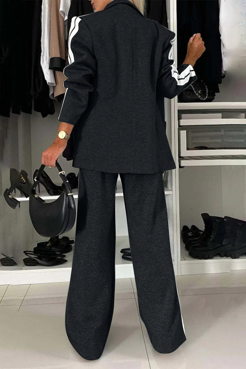 Full Size Contrast Lapel Top and Pants Set by Belle Bijouix, charcoal with white sleeve stripes; buttoned loungewear