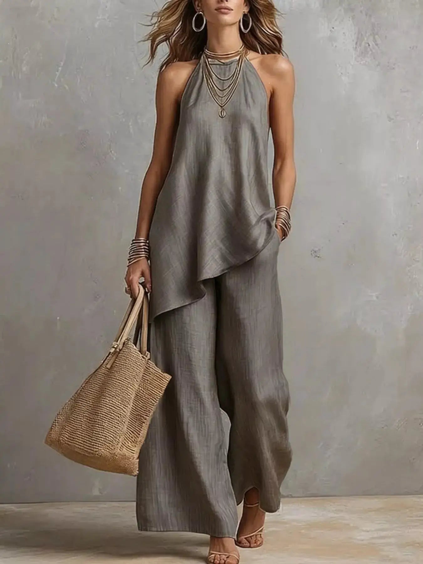 Belle Bijouix plus-size outfit set: asymmetrical-hem grey cami with wide-leg pants and woven tote.