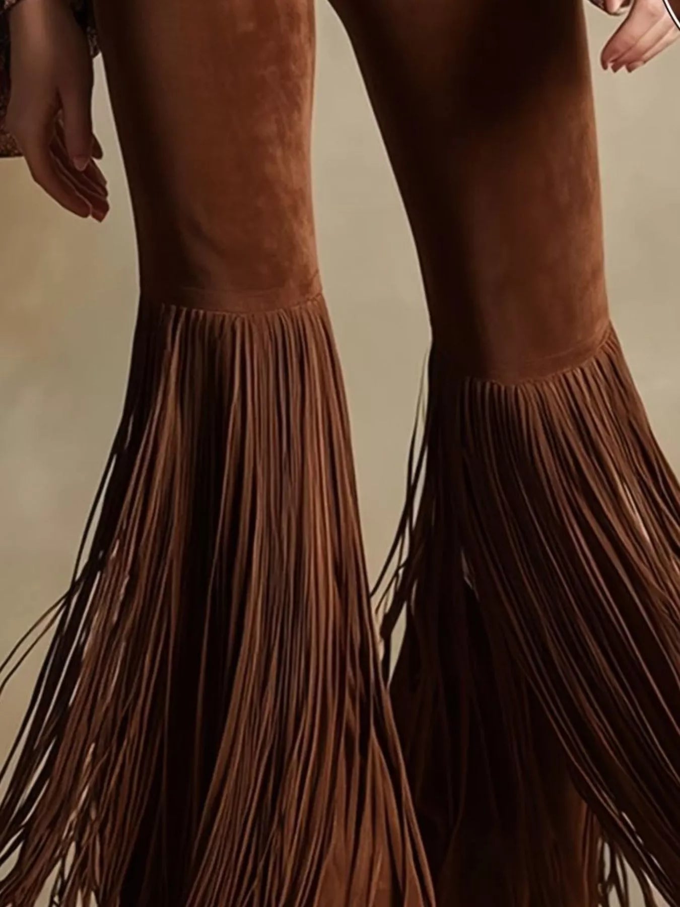 Fringe flare pants by Trendsi in brown suede with long tassel fringe