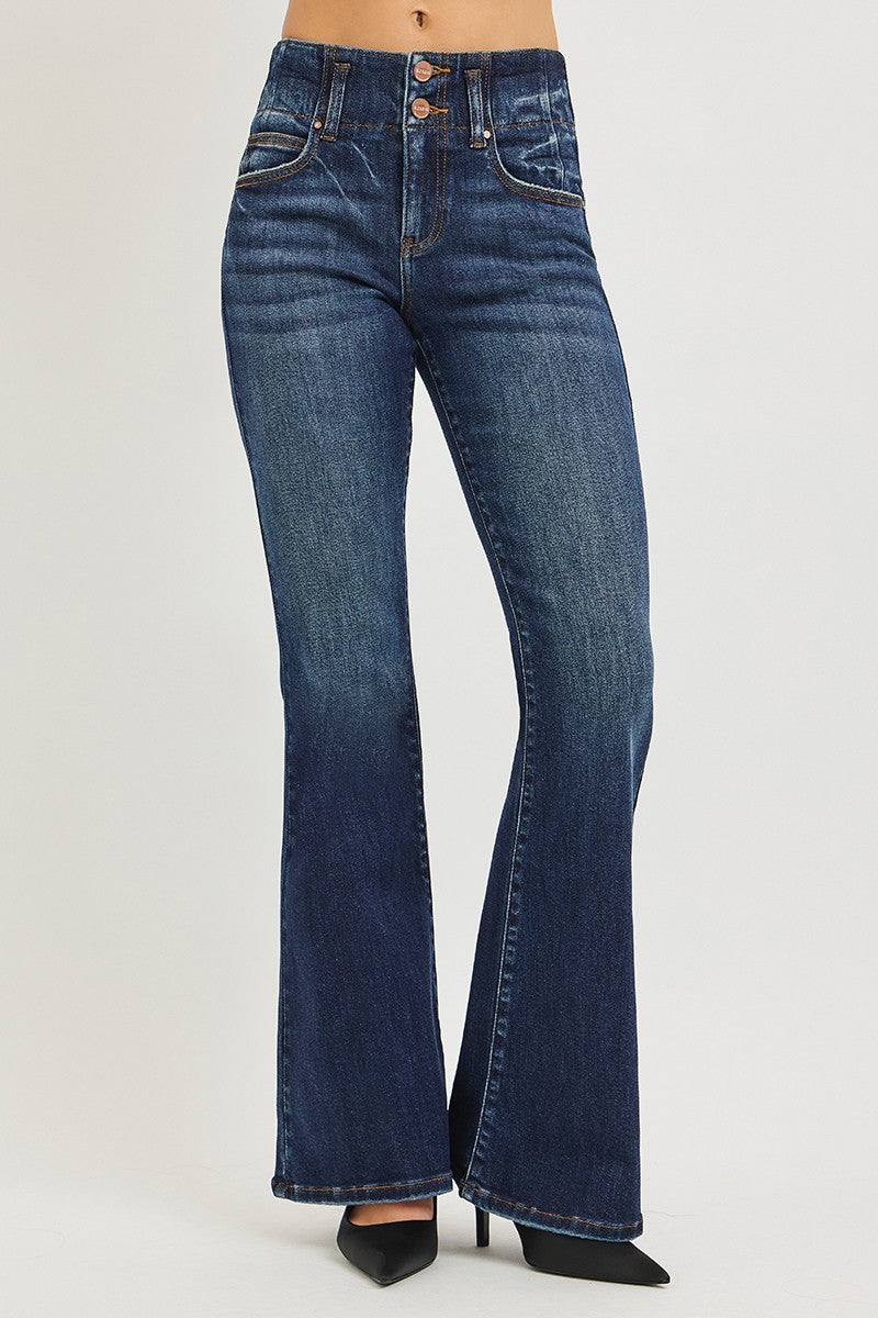 RISEN High Rise Flare Jeans With Seam Detail Waistband in blue denim by Trendsi