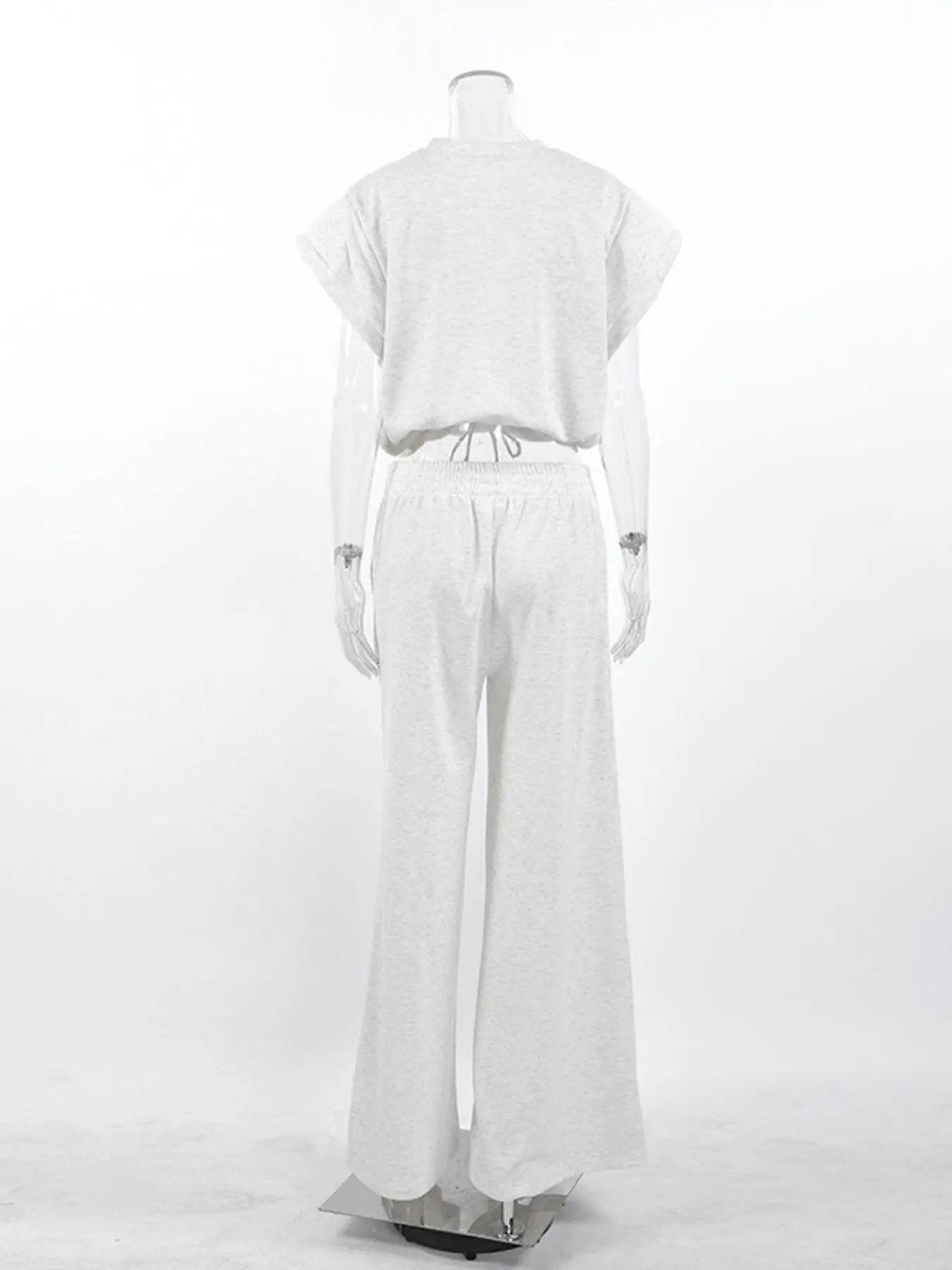 Belle Bijouix Round Neck Top and Wide-Leg Pants Set in heather gray, knit activewear with drawstring pants