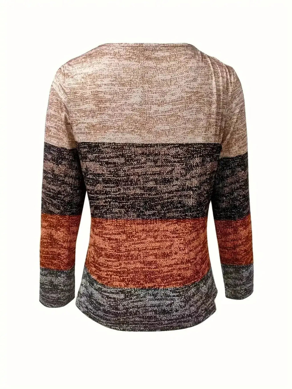 Quarter Zip Color Block Top by Belle Bijouix; multicolor knit sweater in beige, brown, orange and gray stripes.