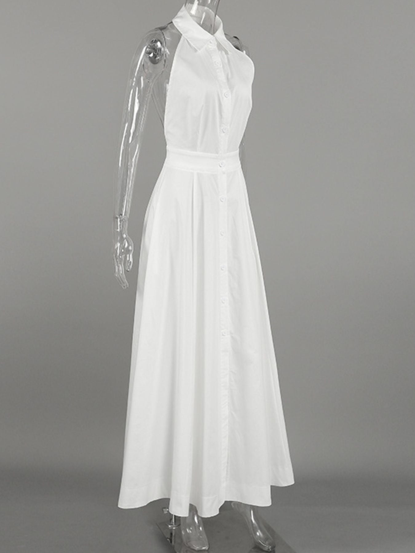 Backless sleeveless button-front maxi dress by Belle Bijouix in white on a clear mannequin