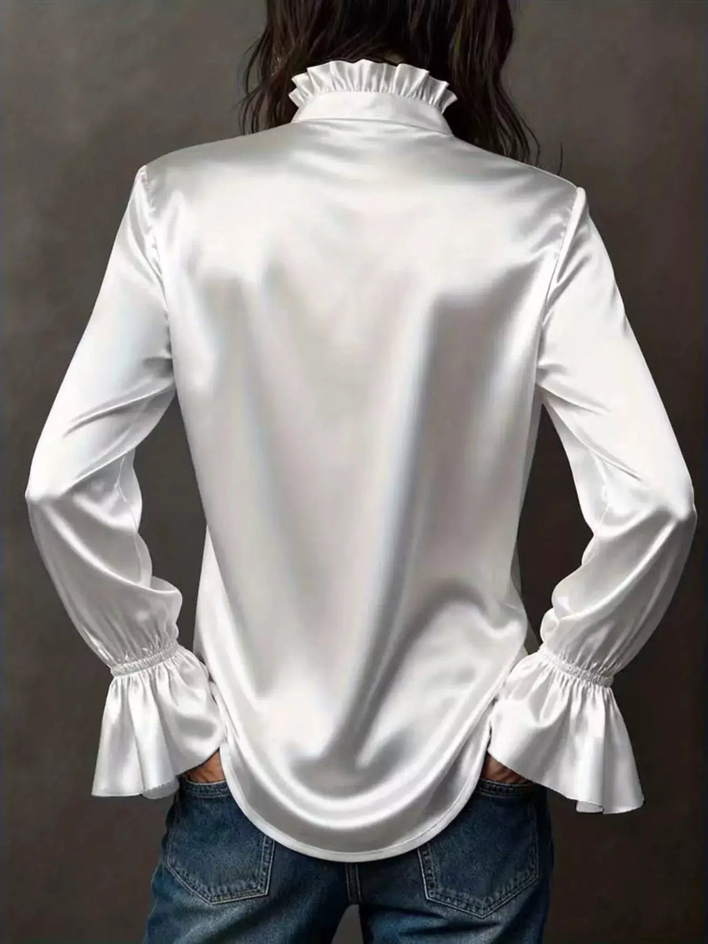 Belle Bijouix Button Up Flounce Sleeve Shirt, white satin top with ruched detailing and frilled collar.