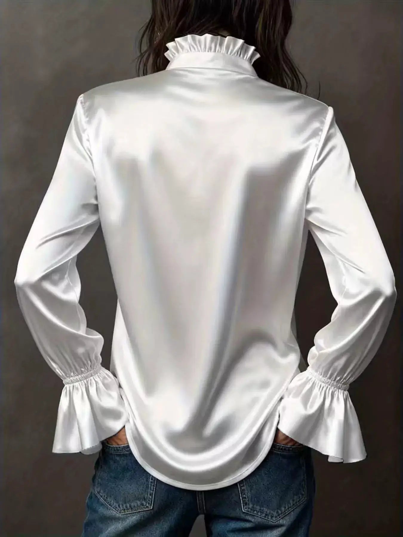 Belle Bijouix Button Up Flounce Sleeve Shirt, white satin top with ruched detailing and frilled collar.